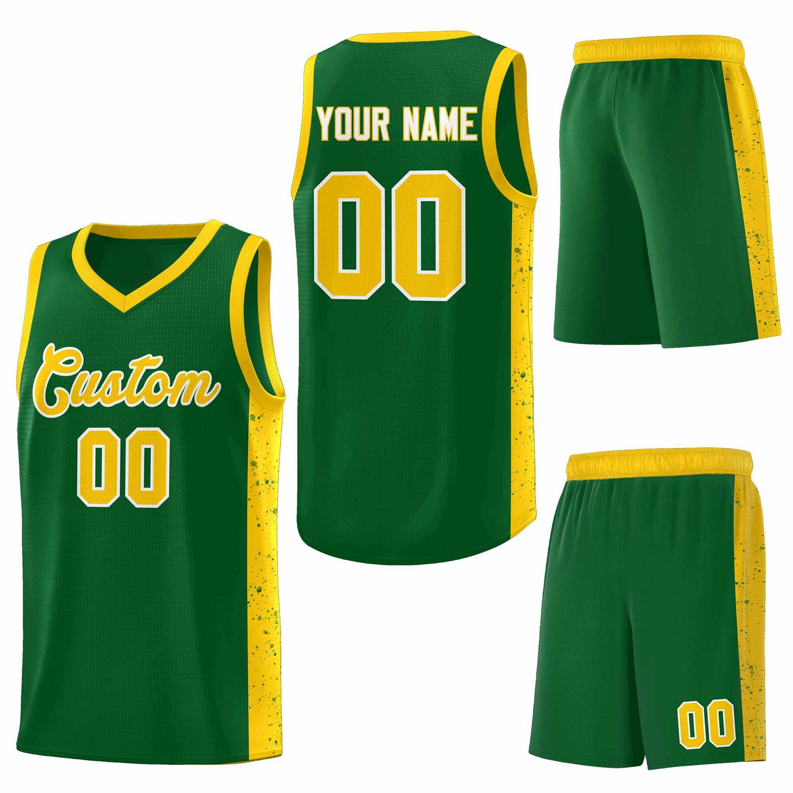 Custom Green Gold-White Side Splash Sports Uniform Basketball Jersey
