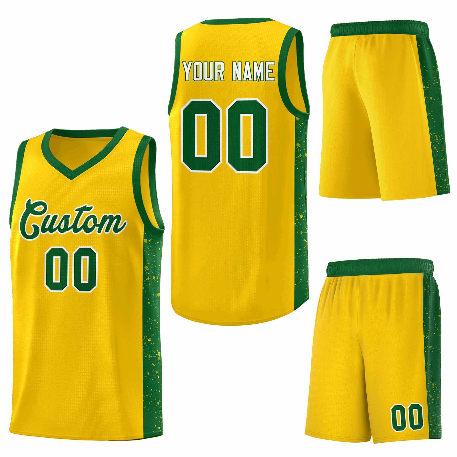 Custom Gold Green-White Side Splash Sports Uniform Basketball Jersey