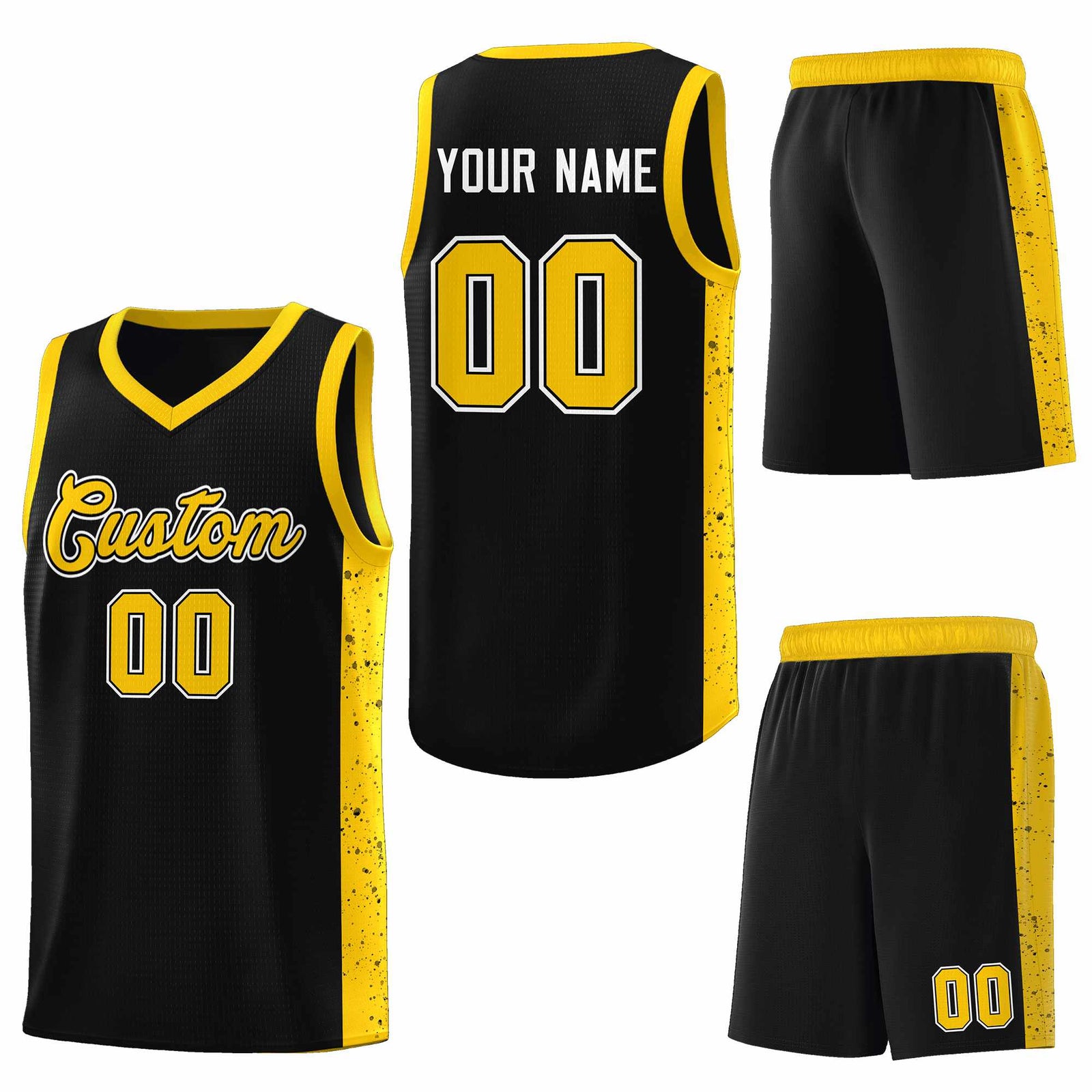 Custom Black Gold Side Splash Sports Uniform Basketball Jersey