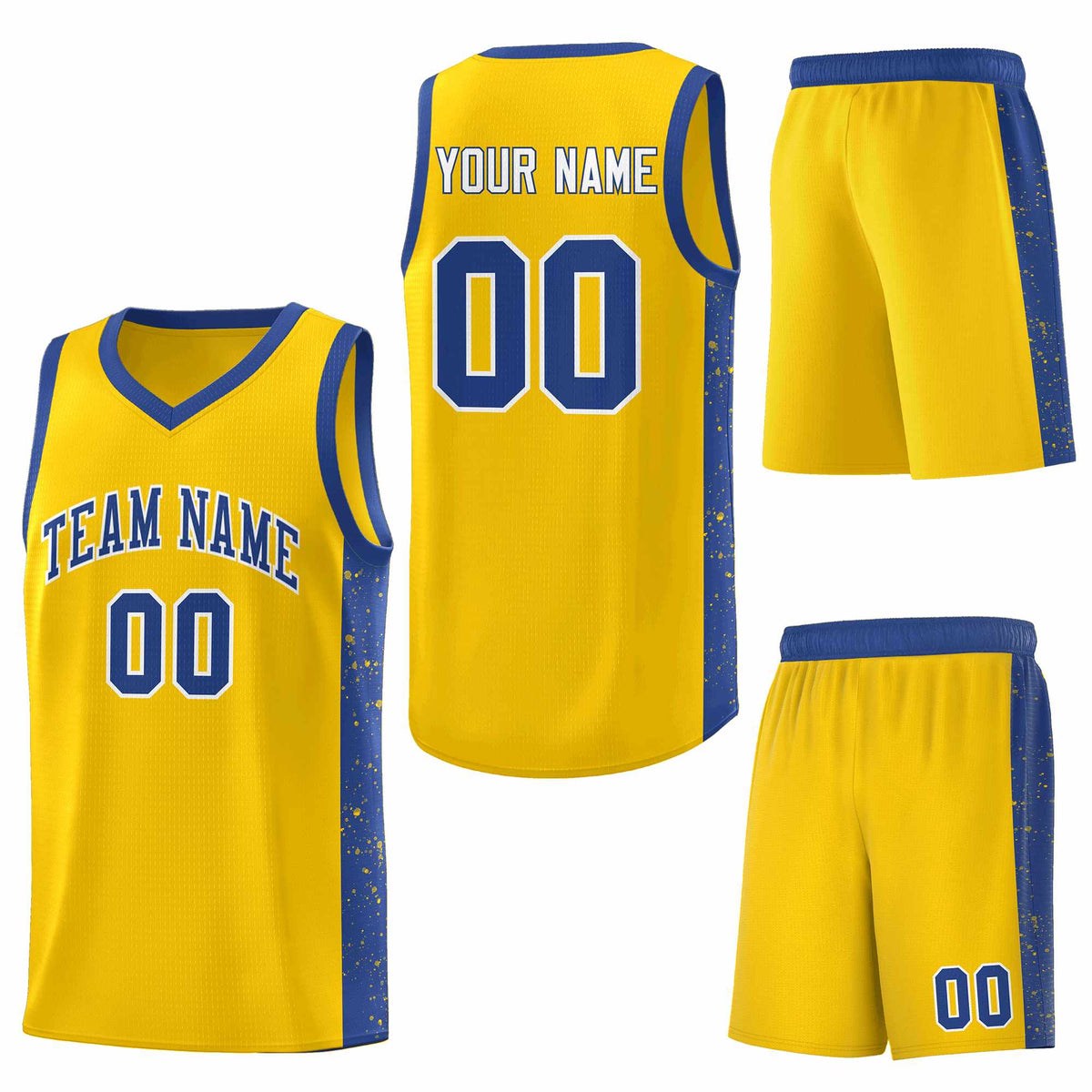 Custom Gold Royal-White Side Splash Sports Uniform Basketball Jersey
