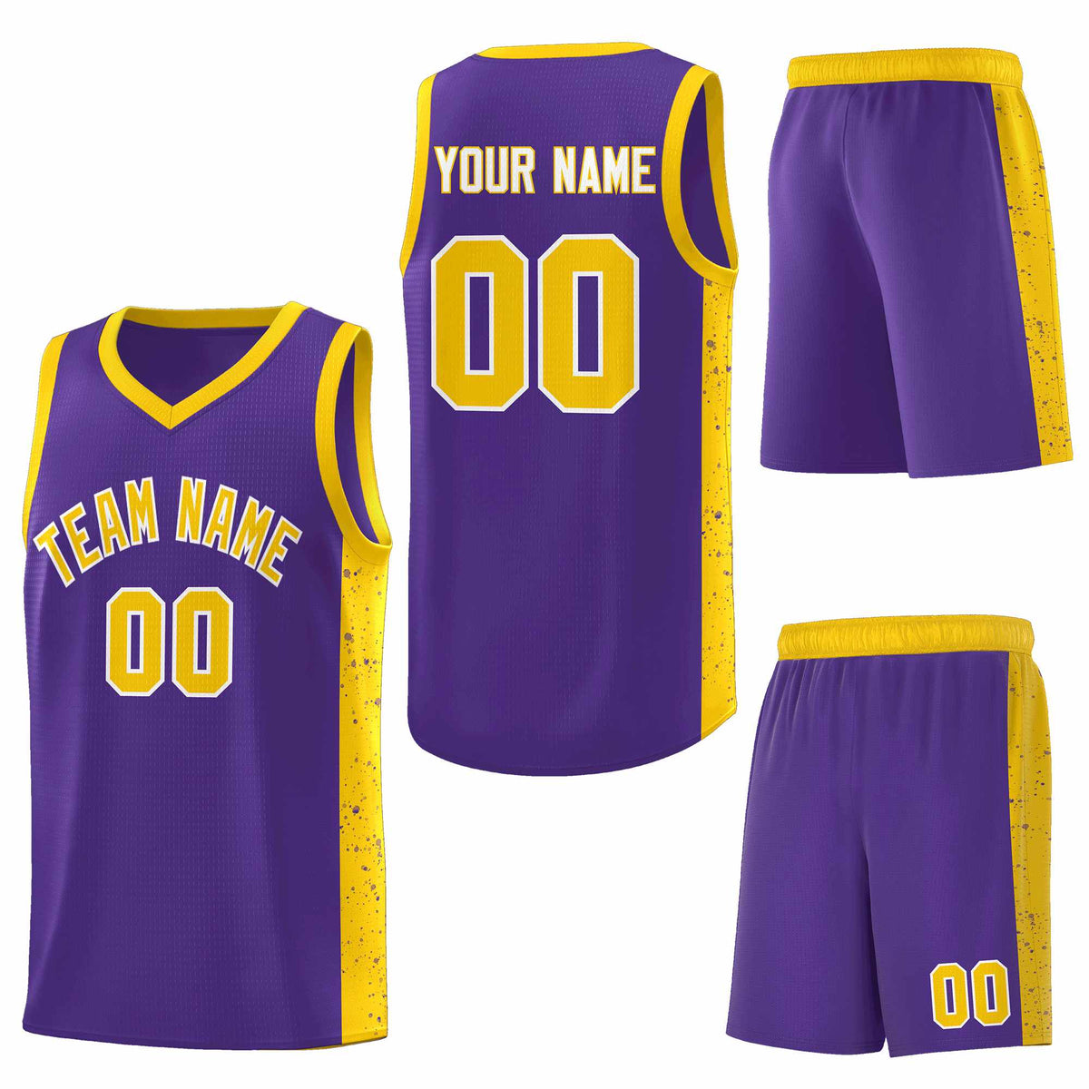 Custom Purple Gold-White Side Splash Sports Uniform Basketball Jersey