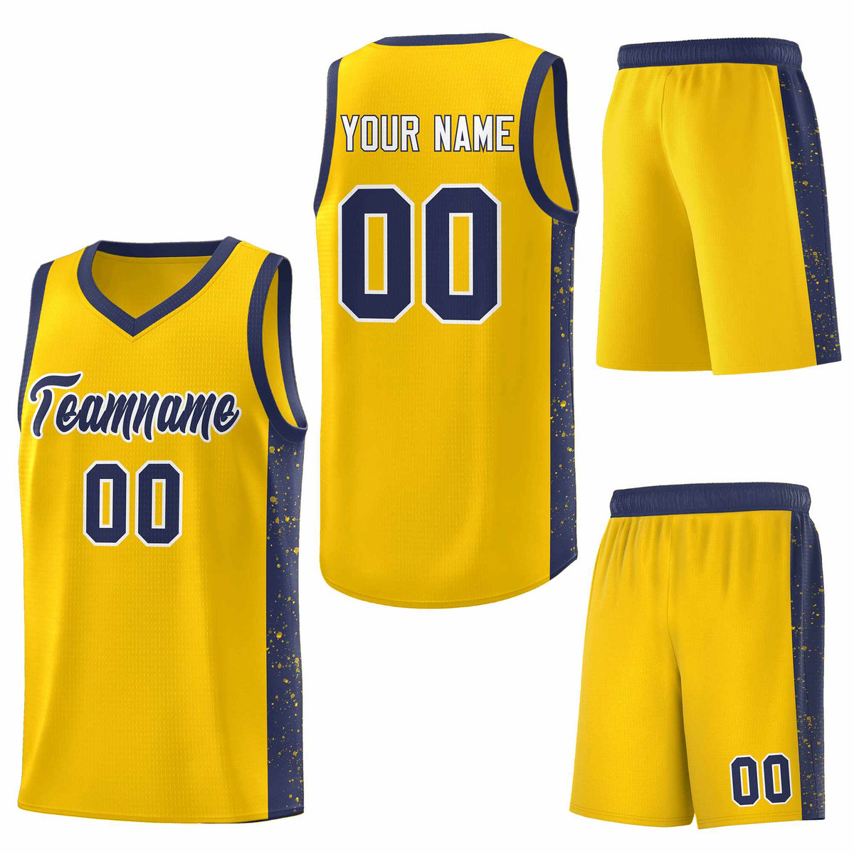 Custom Gold Navy-White Side Splash Sports Uniform Basketball Jersey
