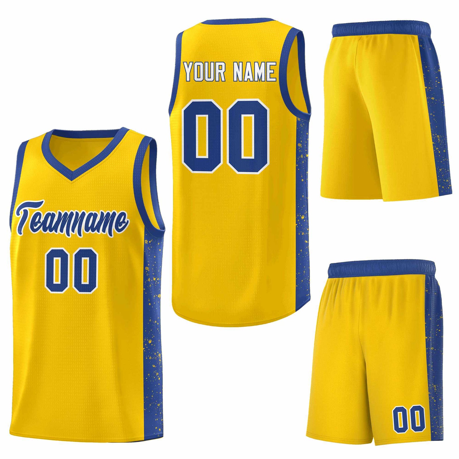 Custom Gold Royal-White Side Splash Sports Uniform Basketball Jersey