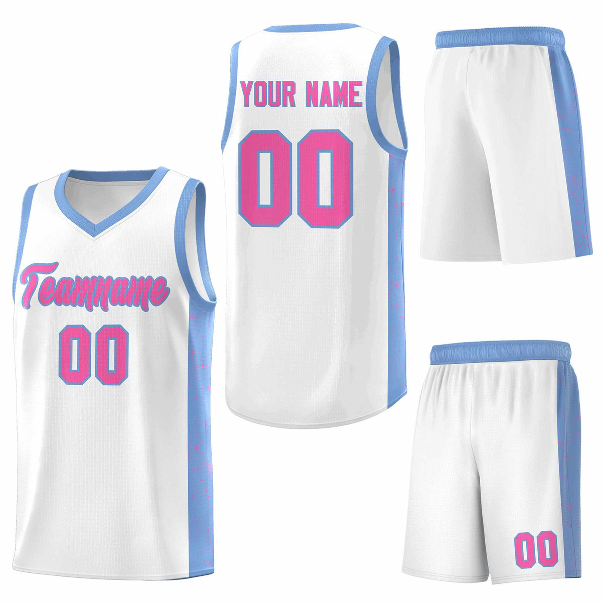 Custom White Pink-Light Blue Side Splash Sports Uniform Basketball Jersey