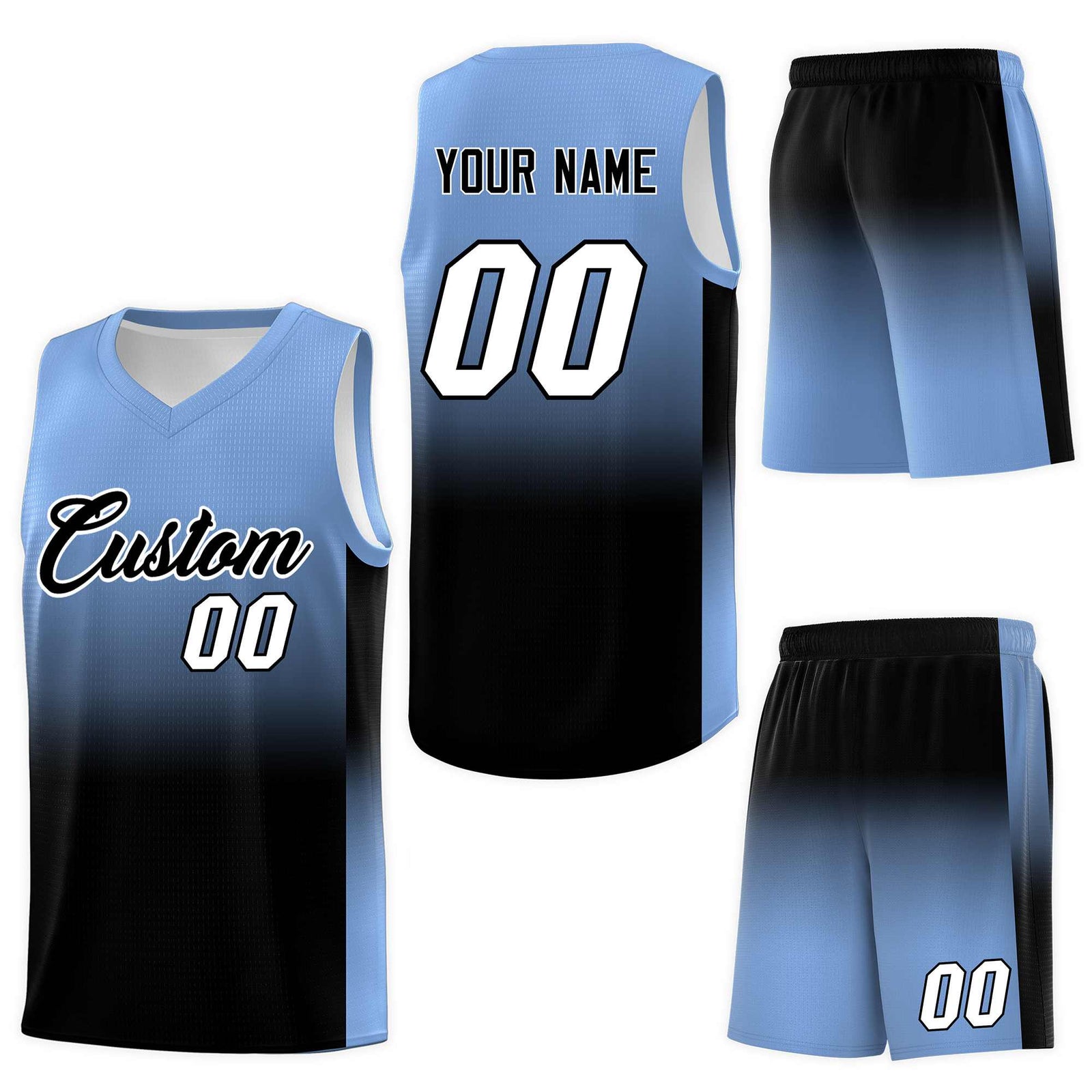 Custom Light Blue Black Gradient Fashion Sets Sports Uniform Basketball Jersey