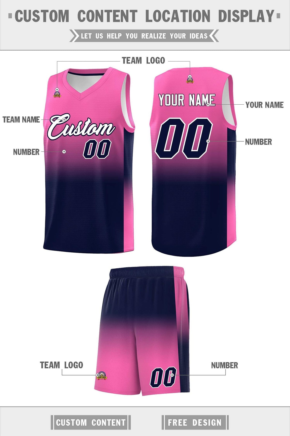 Custom Pink Navy Gradient Fashion Sets Sports Uniform Basketball Jersey