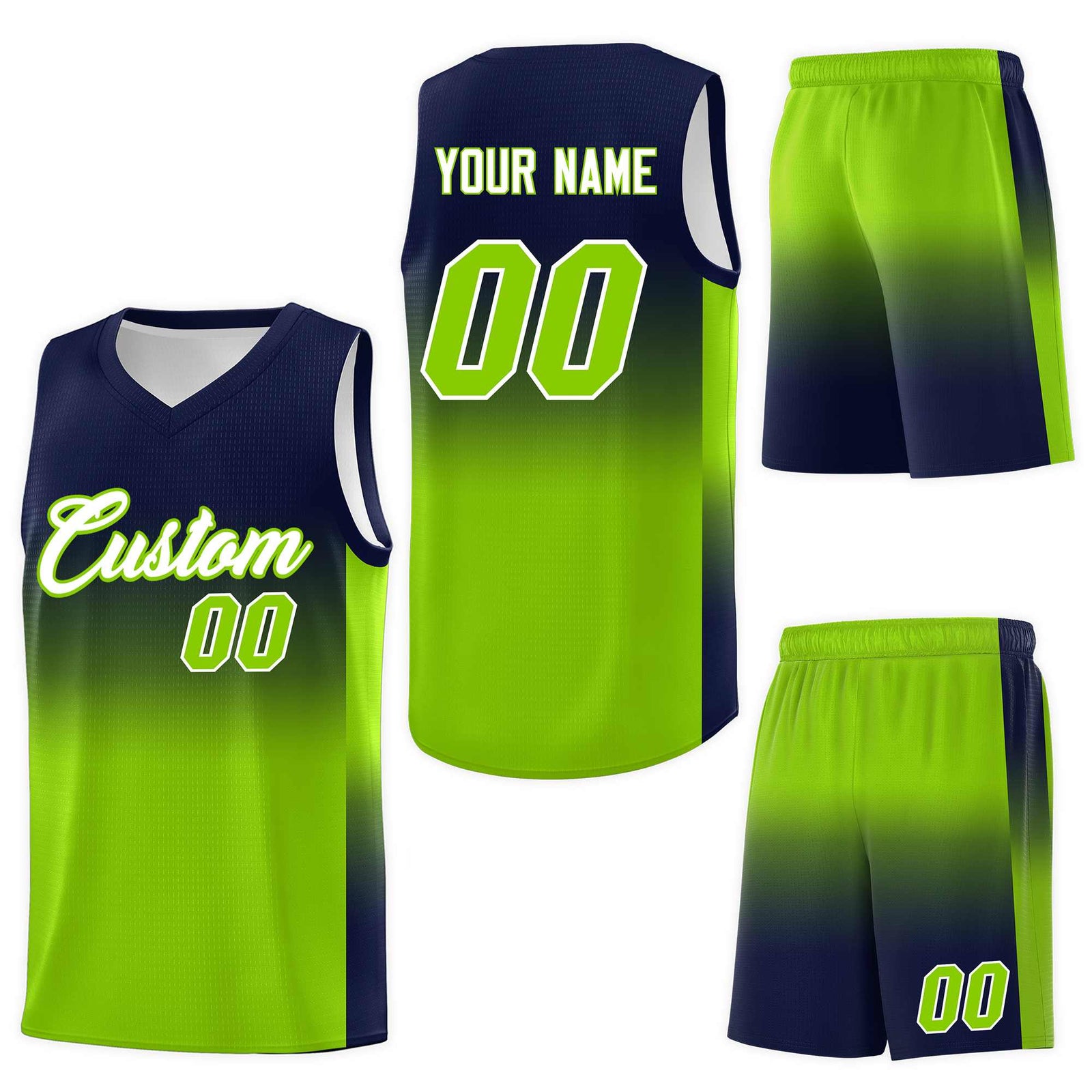 Custom Navy Neon Green Gradient Fashion Sets Sports Uniform Basketball Jersey