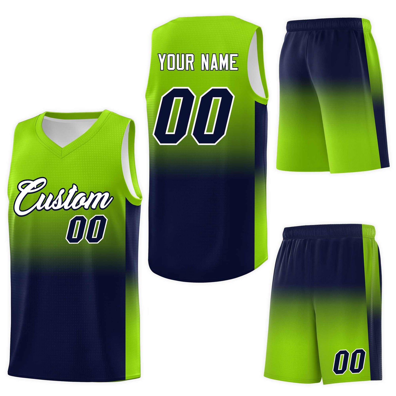 Custom Neon Green Navy Gradient Fashion Sets Sports Uniform Basketball Jersey