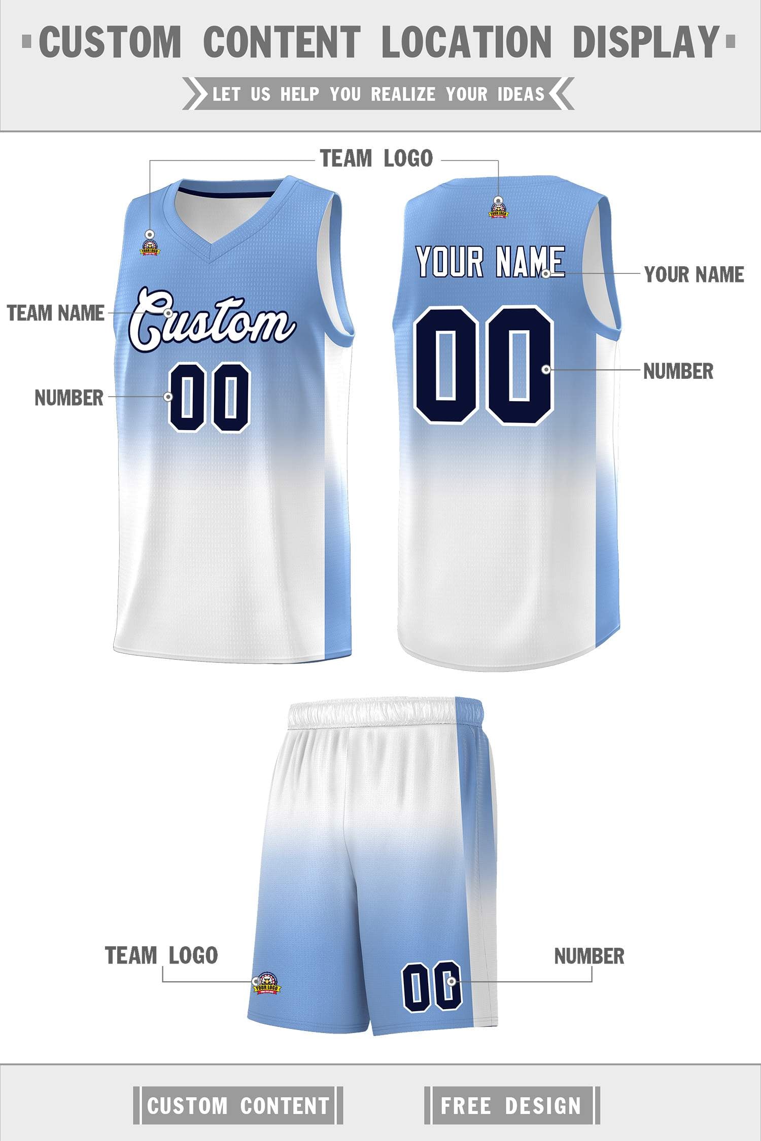 Custom Light Blue White Gradient Fashion Sets Sports Uniform Basketball Jersey