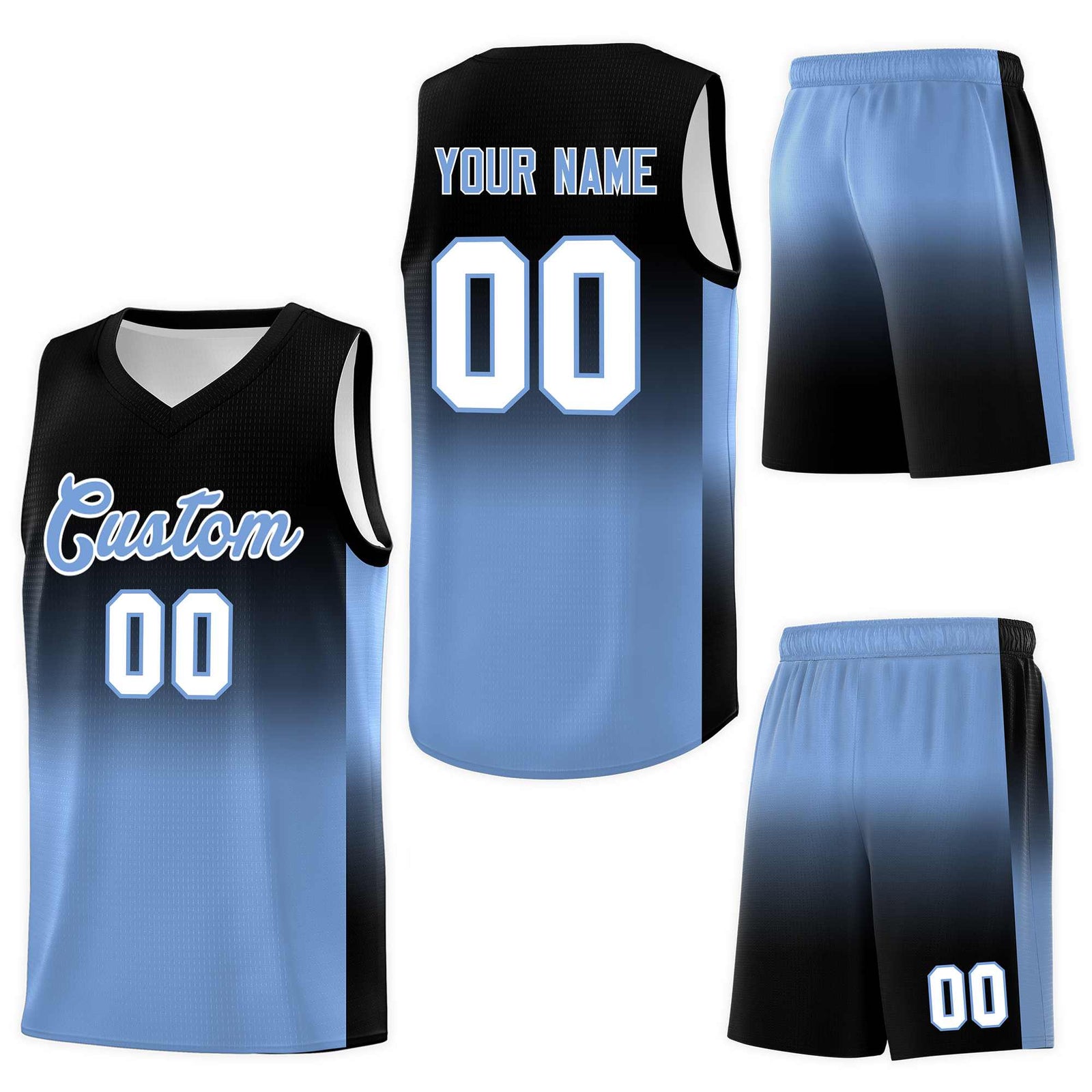 Custom Black Light Blue Gradient Fashion Sets Sports Uniform Basketball Jersey