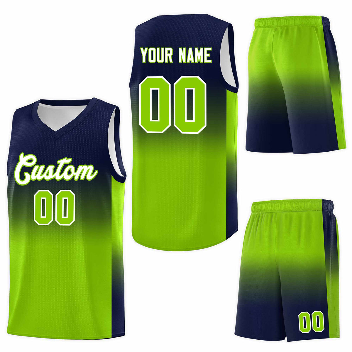 Custom Navy Neon Green Gradient Fashion Sets Sports Uniform Basketball Jersey