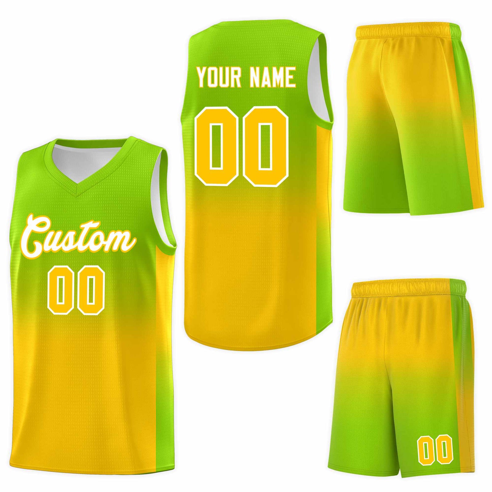 Custom Neon Green Gold Gradient Fashion Sets Sports Uniform Basketball Jersey