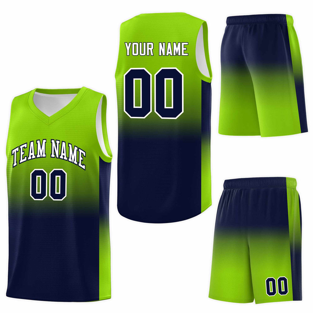 Custom Neon Green Navy Gradient Fashion Sets Sports Uniform Basketball Jersey