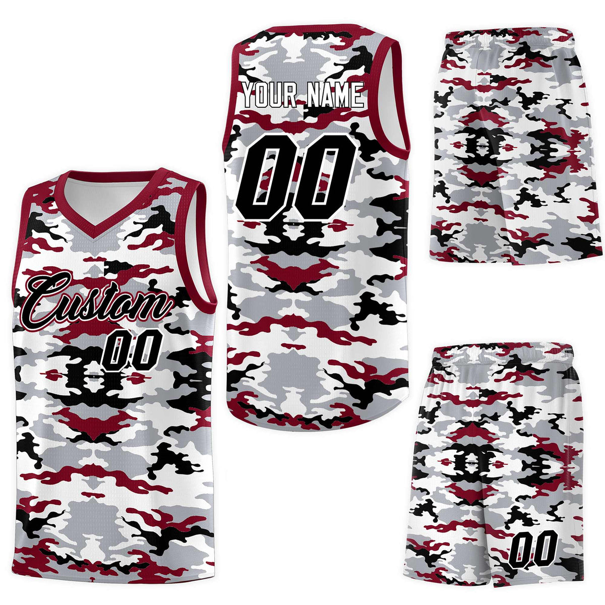 Custom Gray Crimson-Black-White Personalized Camo Sets Sports Uniform Basketball Jersey