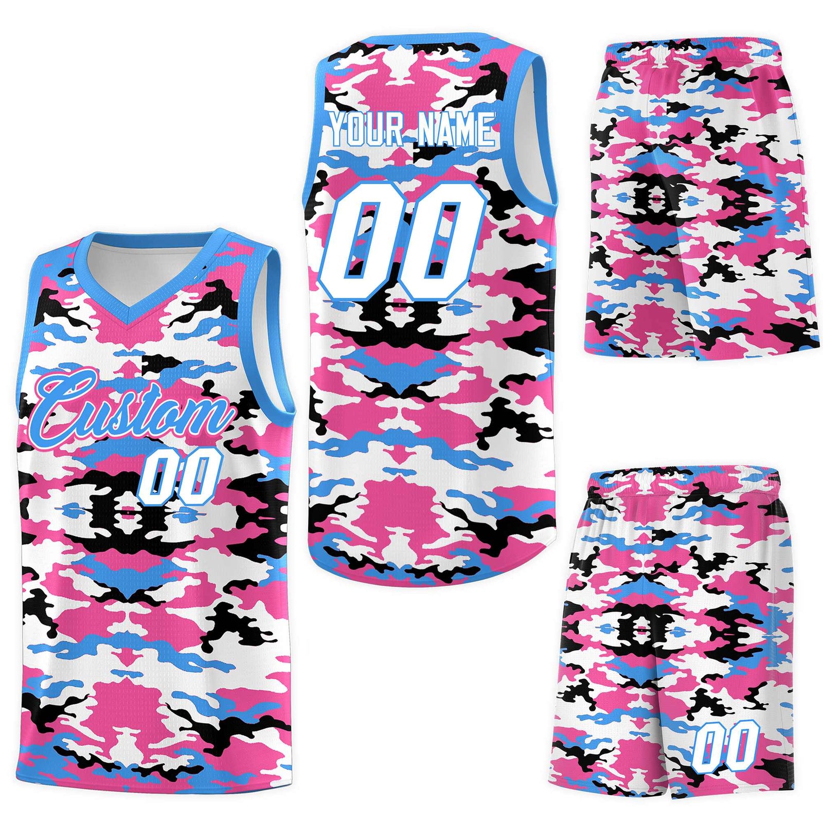 Custom Powder Blue Pink-Black-White Personalized Camo Sets Sports Uniform Basketball Jersey