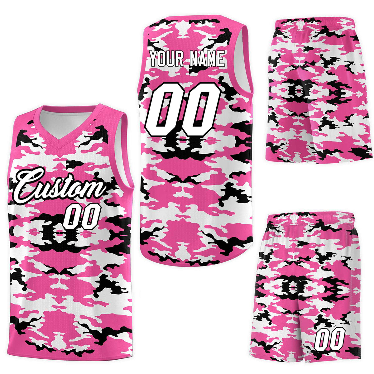 Custom Pink Black-White Personalized Camo Sets Sports Uniform Basketball Jersey