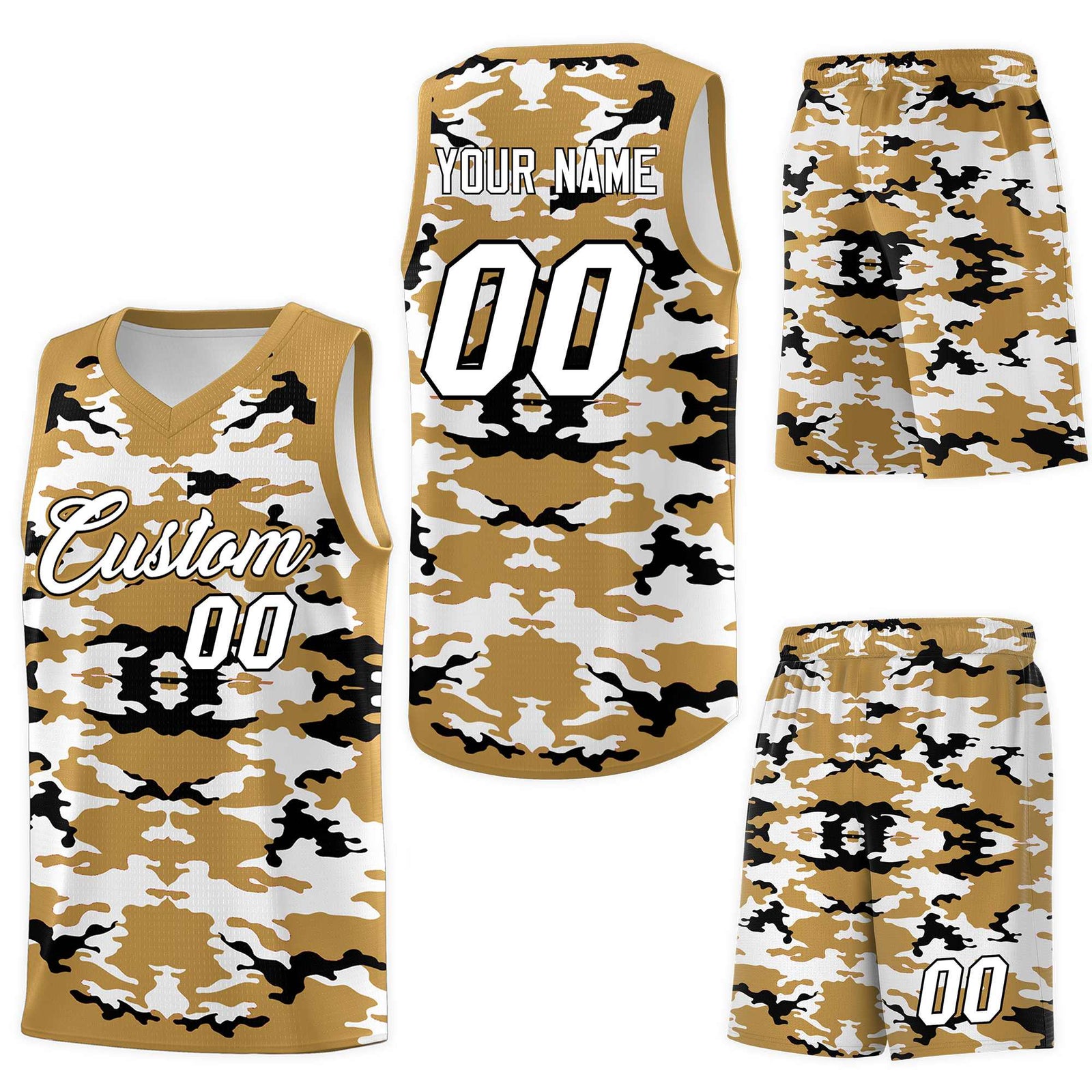 Custom Old Gold Black-White Personalized Camo Sets Sports Uniform Basketball Jersey