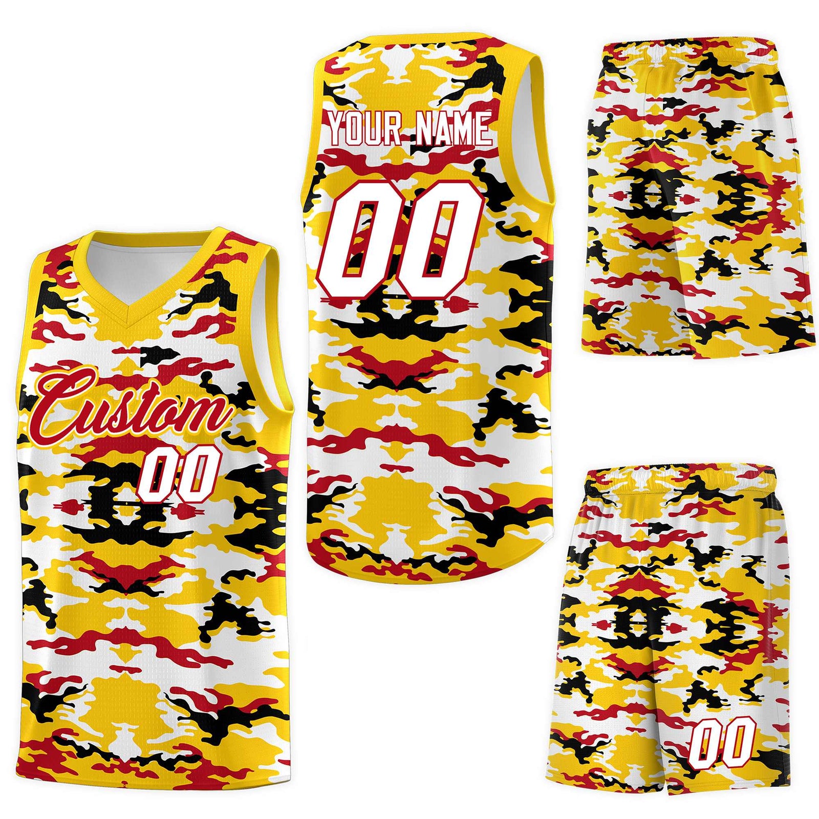 Custom Gold Red-Black-White Personalized Camo Sets Sports Uniform Basketball Jersey