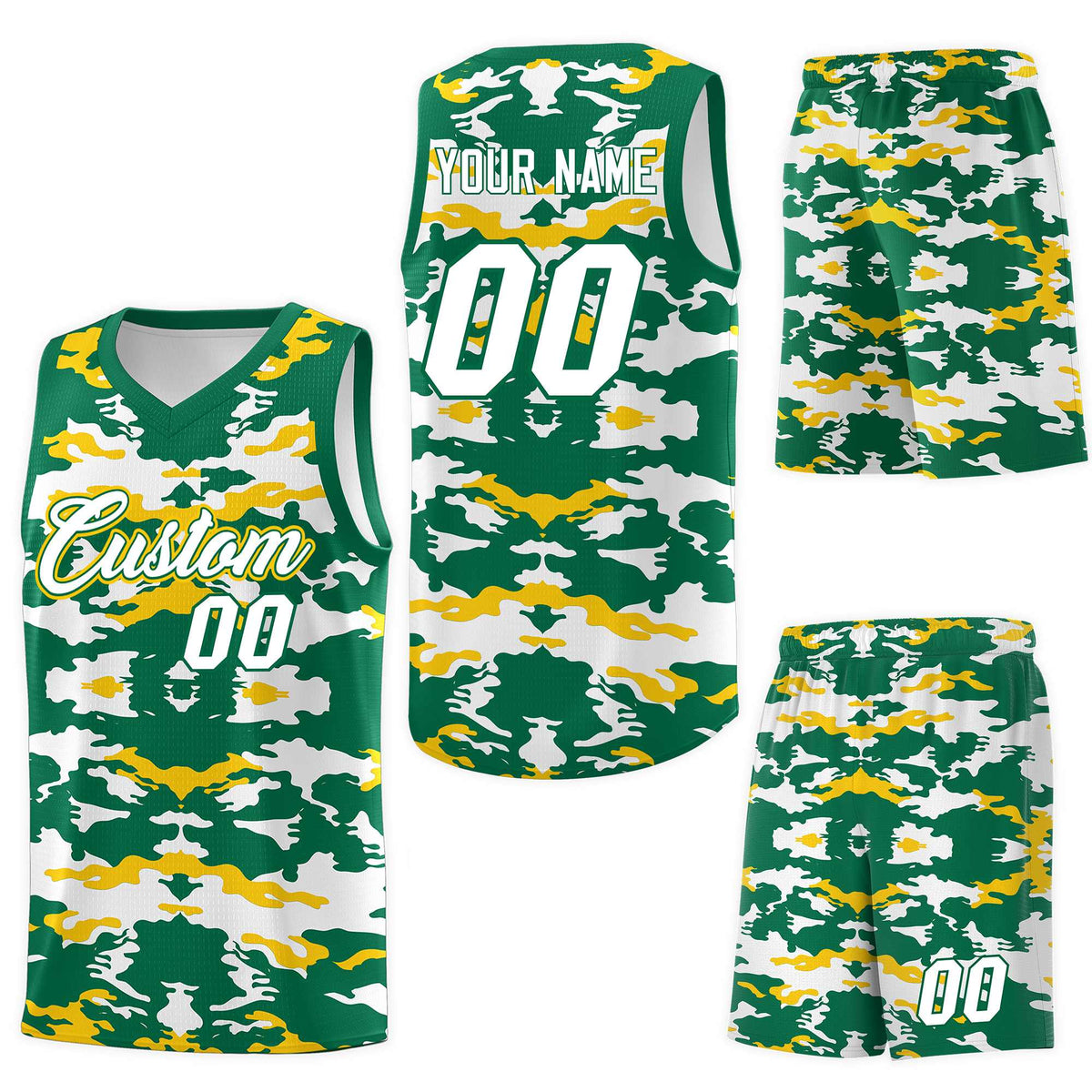 Custom Kelly Green Gold-White Personalized Camo Sets Sports Uniform Basketball Jersey