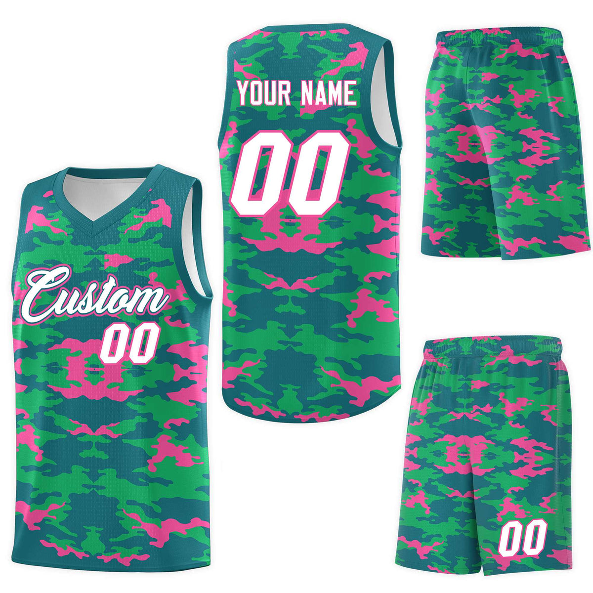 Custom Aqua Pink-Light Green Personalized Camo Sets Sports Uniform Basketball Jersey