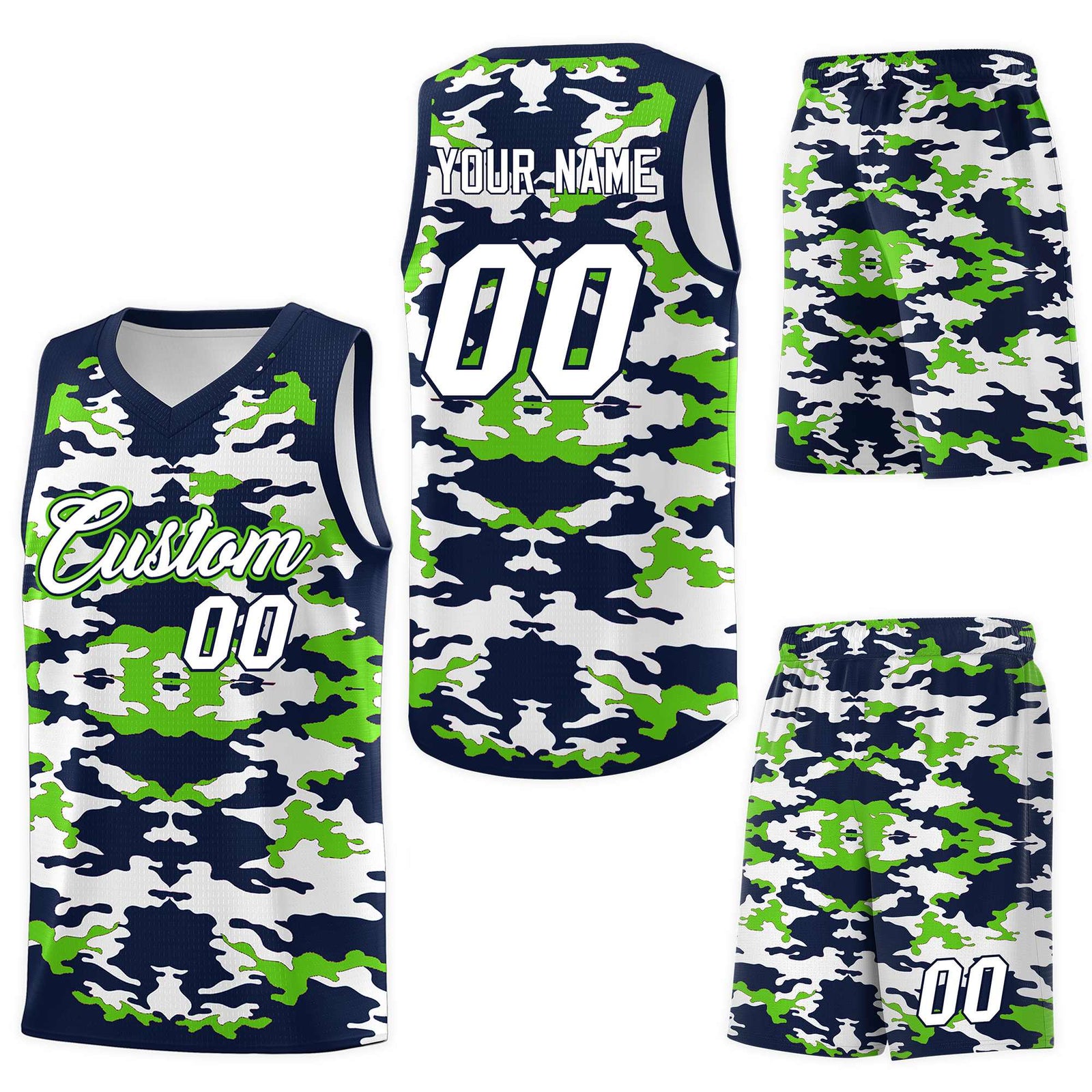 Custom Navy Neon Green-White Personalized Camo Sets Sports Uniform Basketball Jersey