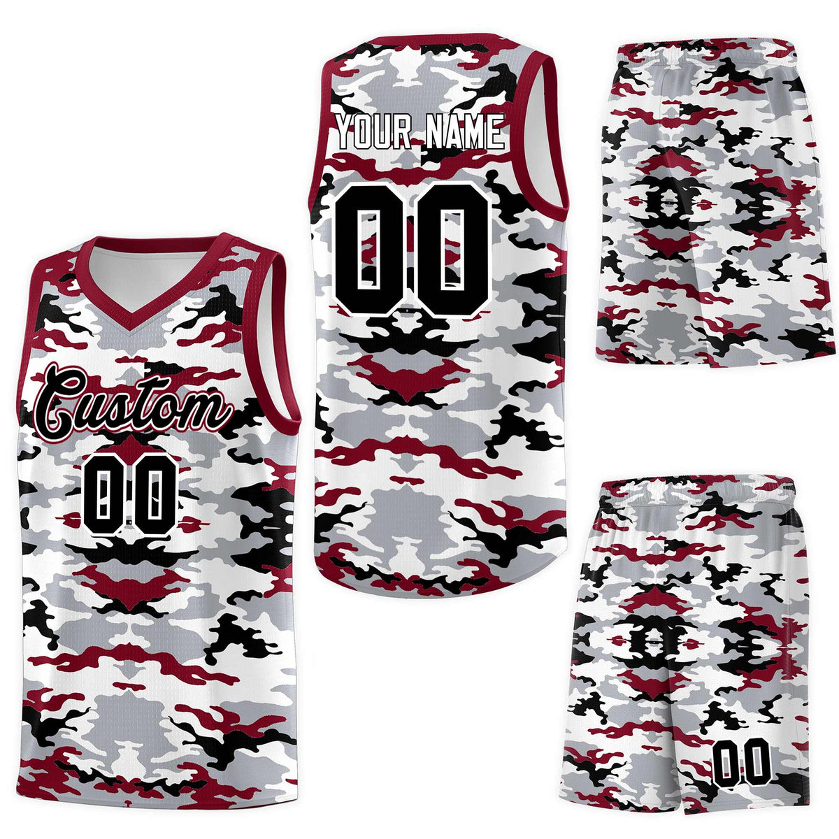 Custom Gray Crimson-Black-White Personalized Camo Sets Sports Uniform Basketball Jersey