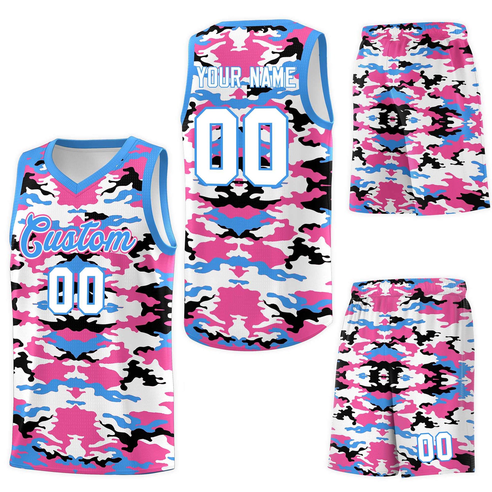 Custom Powder Blue Pink-Black-White Personalized Camo Sets Sports Uniform Basketball Jersey