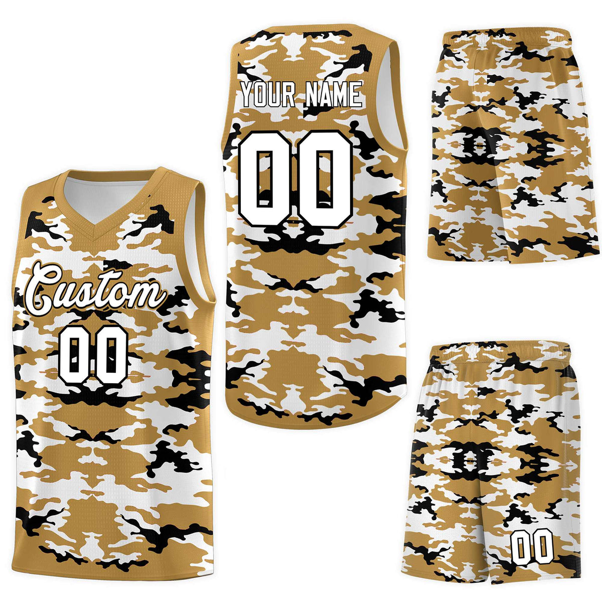 Custom Old Gold Black-White Personalized Camo Sets Sports Uniform Basketball Jersey
