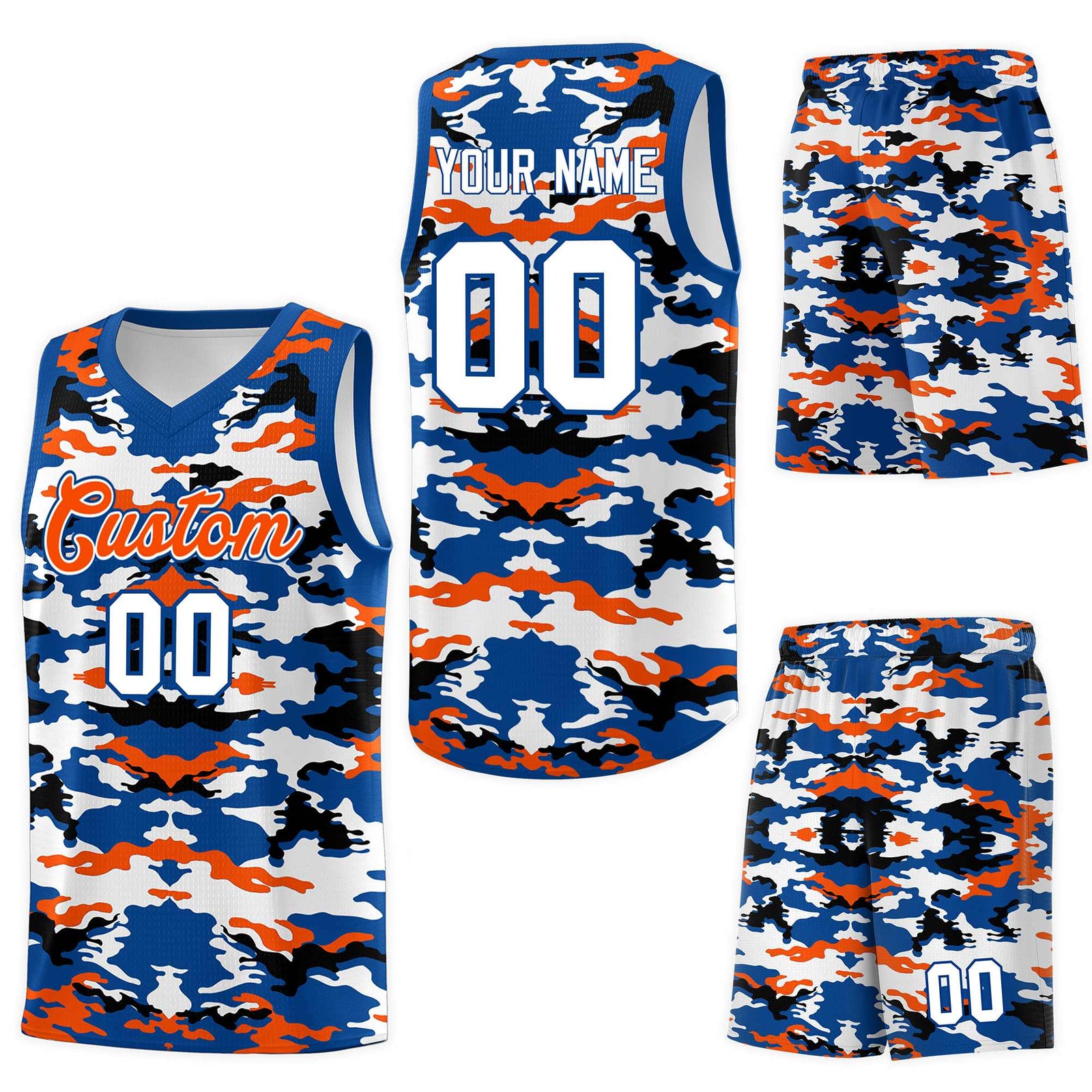 Custom Royal Orange-Black-White Personalized Camo Sets Sports Uniform Basketball Jersey