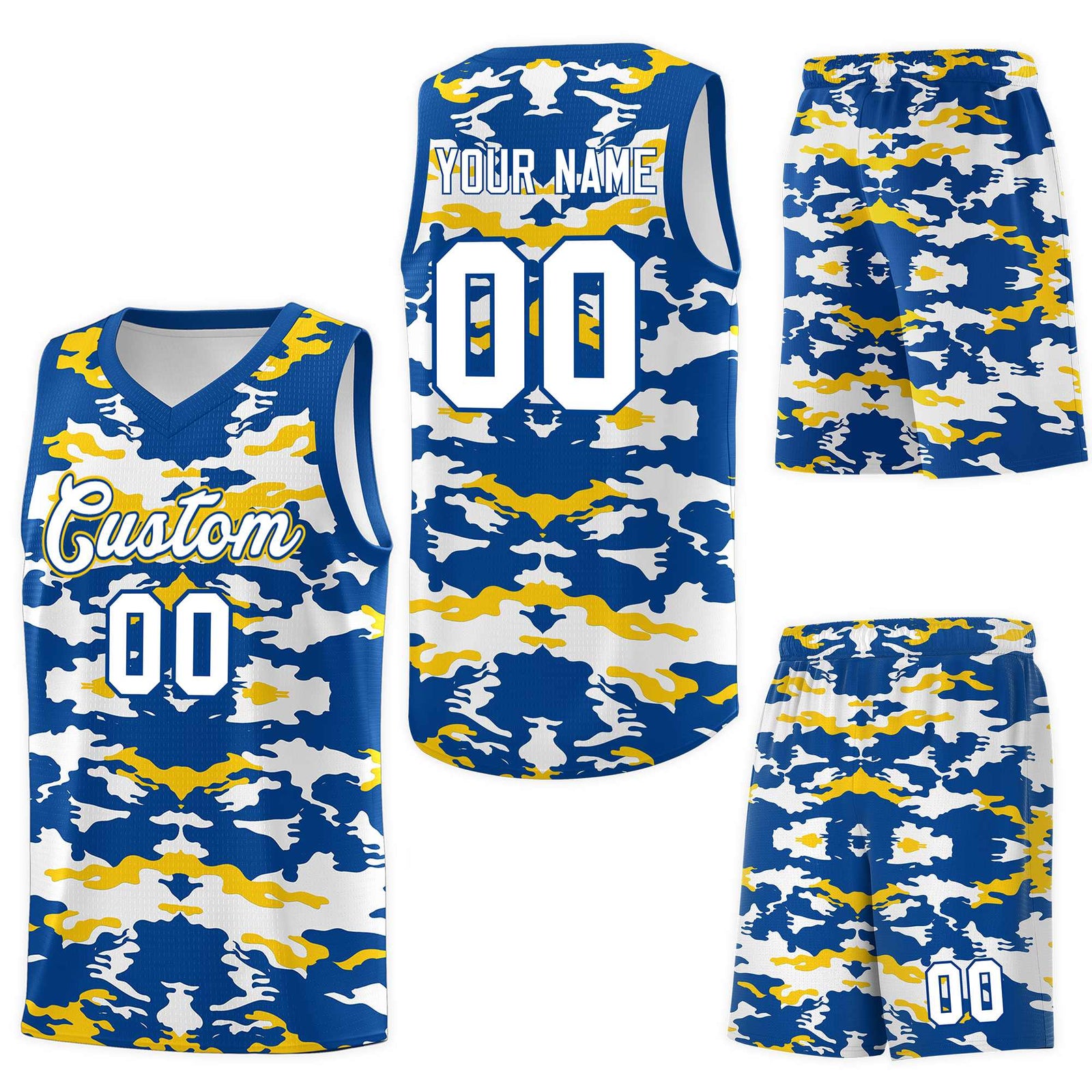 Custom Royal Gold-White Personalized Camo Sets Sports Uniform Basketball Jersey