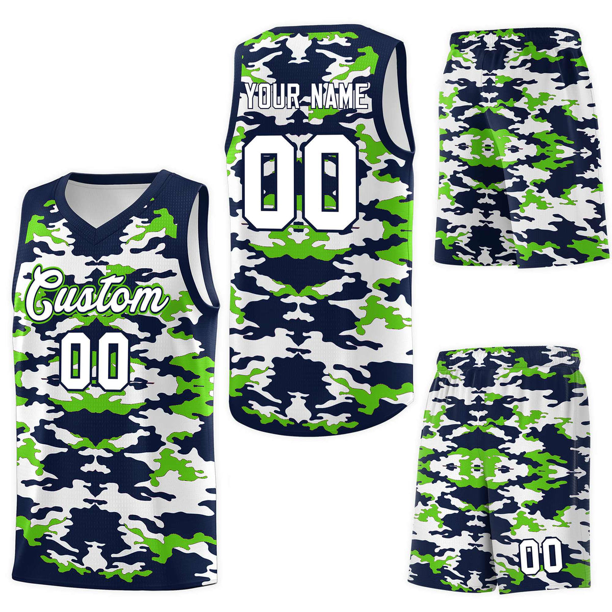Custom Navy Neon Green-White Personalized Camo Sets Sports Uniform Basketball Jersey
