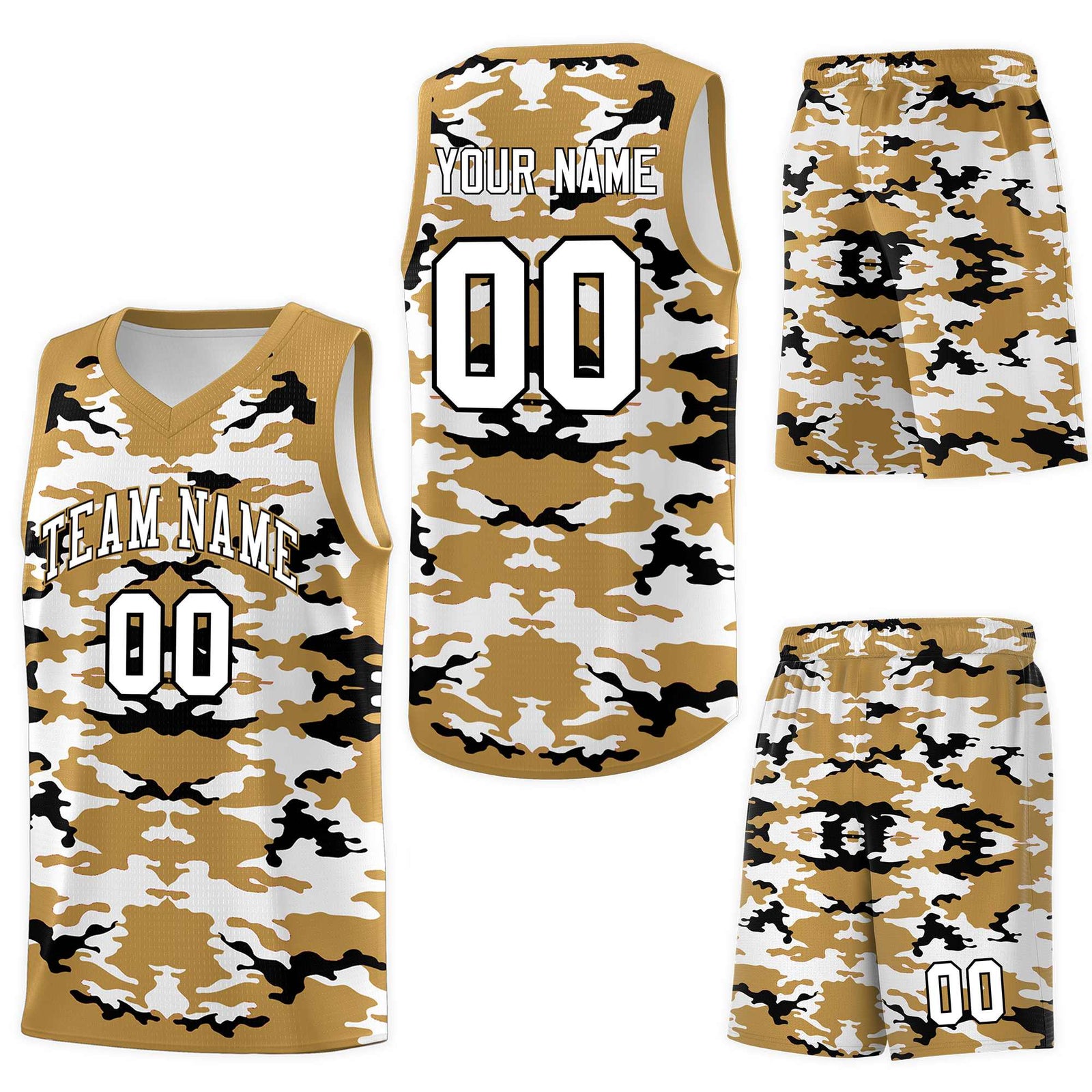 Custom Old Gold Black-White Personalized Camo Sets Sports Uniform Basketball Jersey