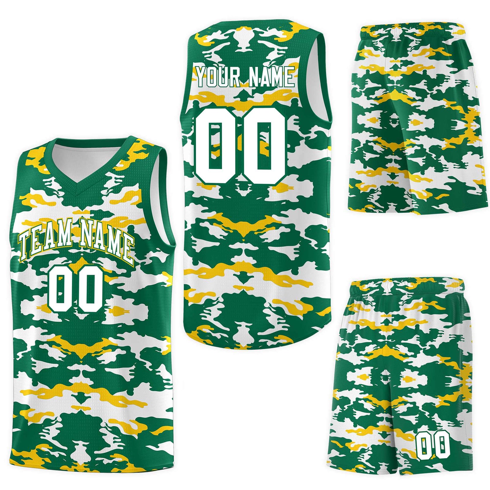 Custom Kelly Green Gold-White Personalized Camo Sets Sports Uniform Basketball Jersey