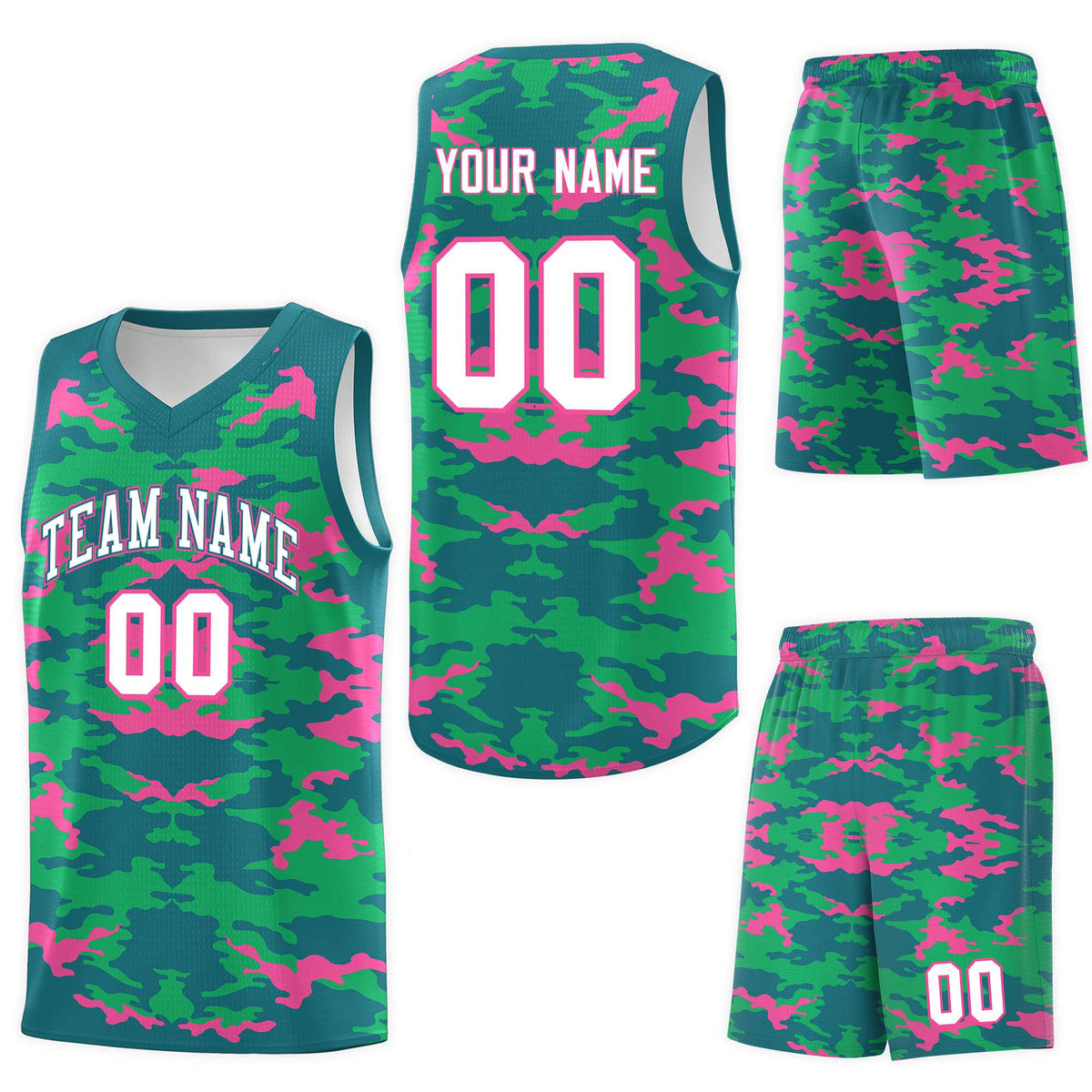Custom Aqua Pink-Light Green Personalized Camo Sets Sports Uniform Basketball Jersey