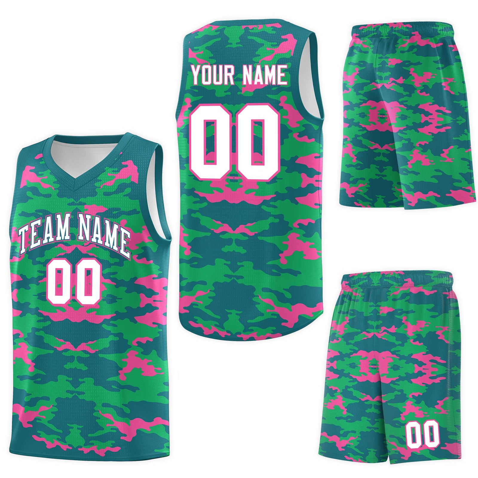 Custom Aqua Pink-Light Green Personalized Camo Sets Sports Uniform Basketball Jersey