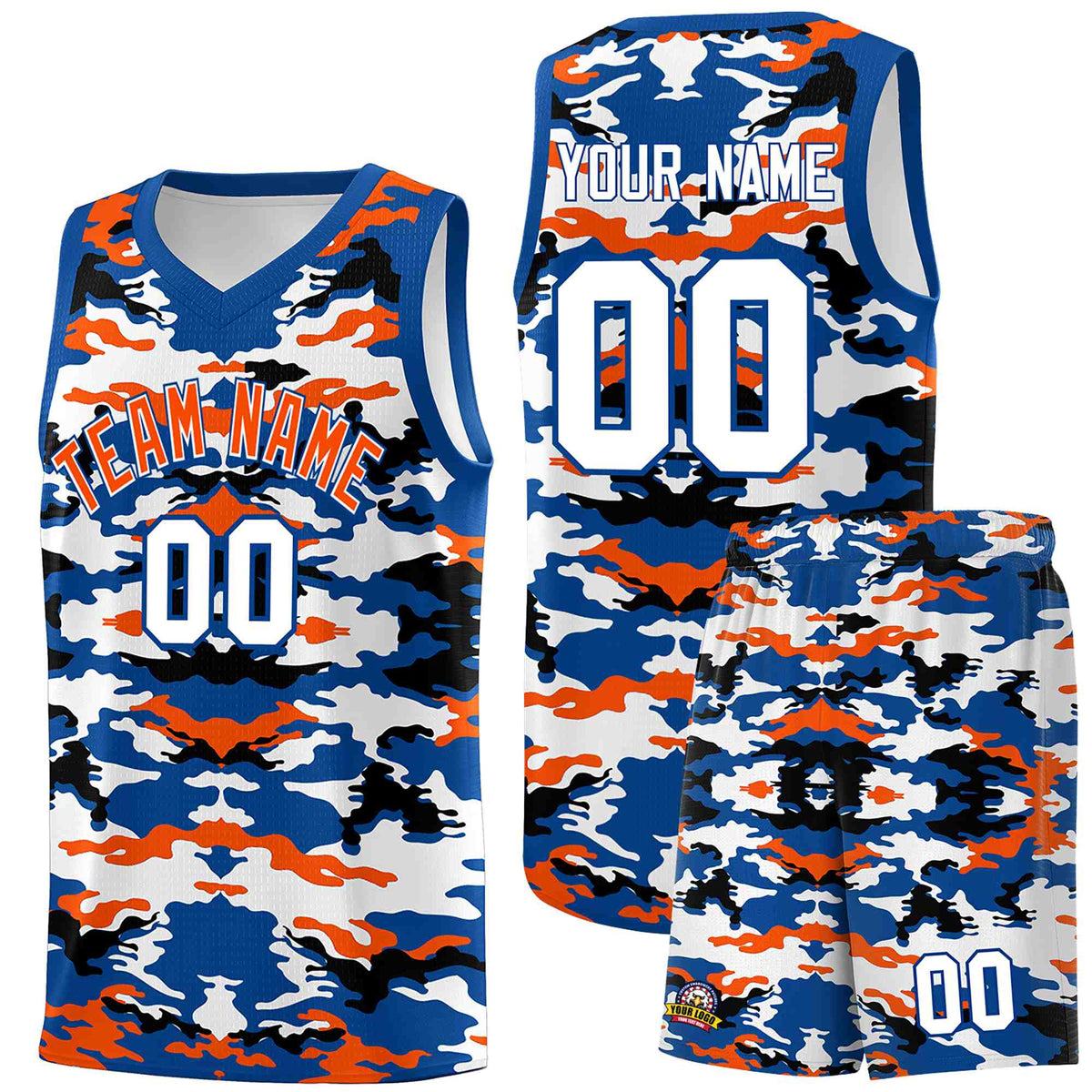 Custom Royal Orange-Black-White Personalized Camo Sets Sports Uniform Basketball Jersey