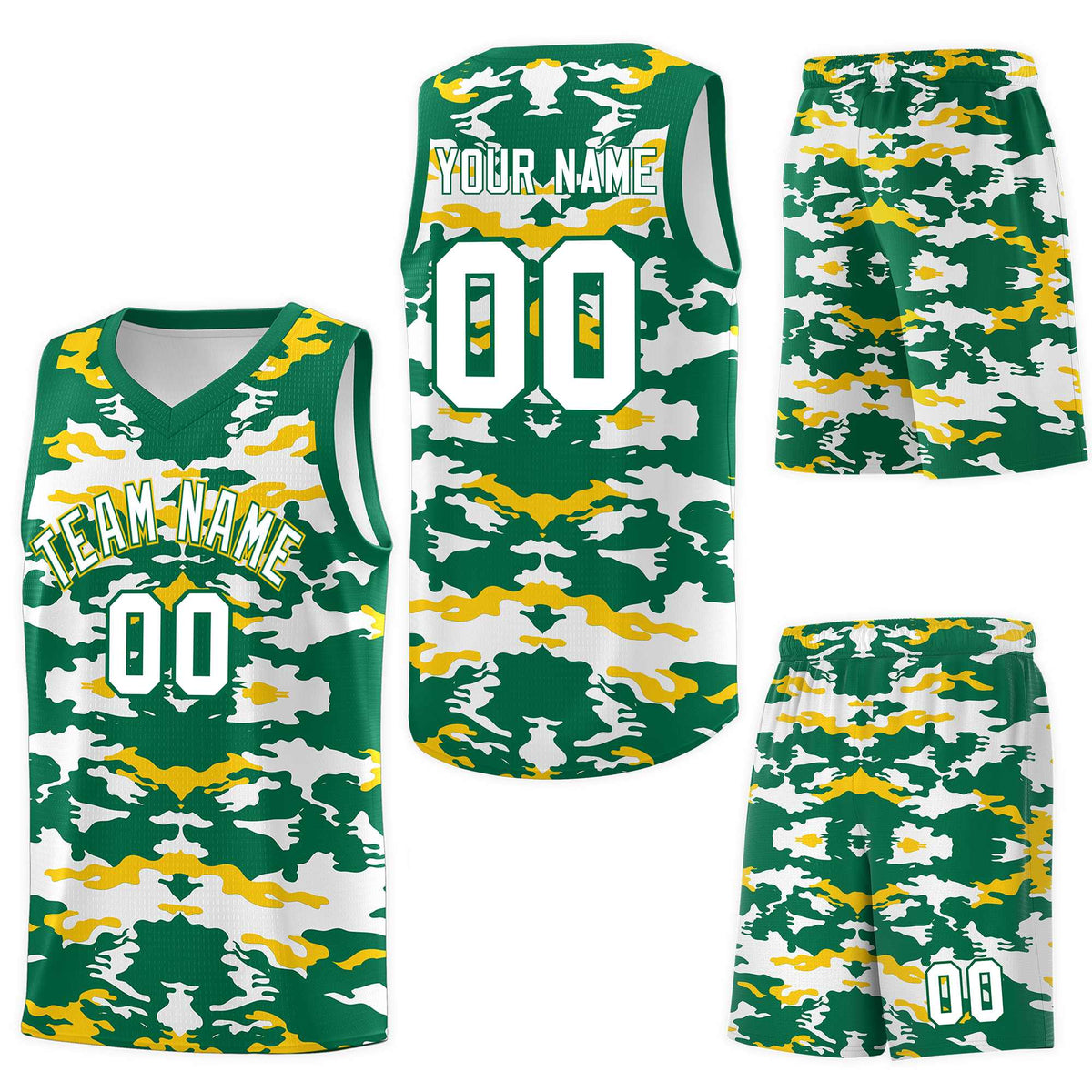 Custom Kelly Green Gold-White Personalized Camo Sets Sports Uniform Basketball Jersey