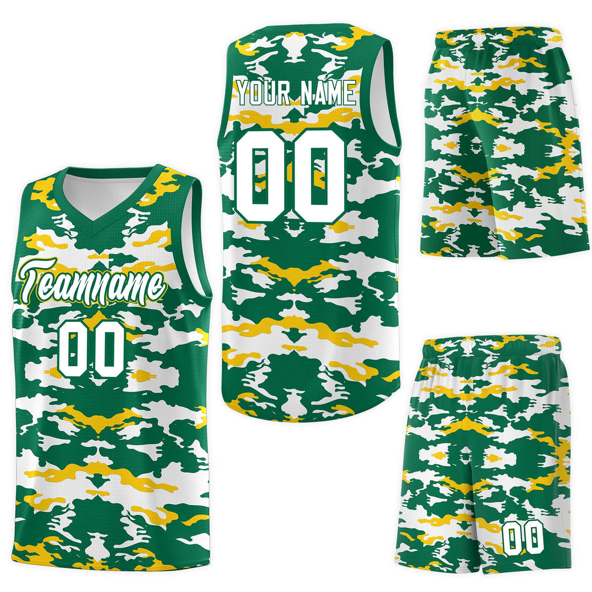 Custom Kelly Green Gold-White Personalized Camo Sets Sports Uniform Basketball Jersey