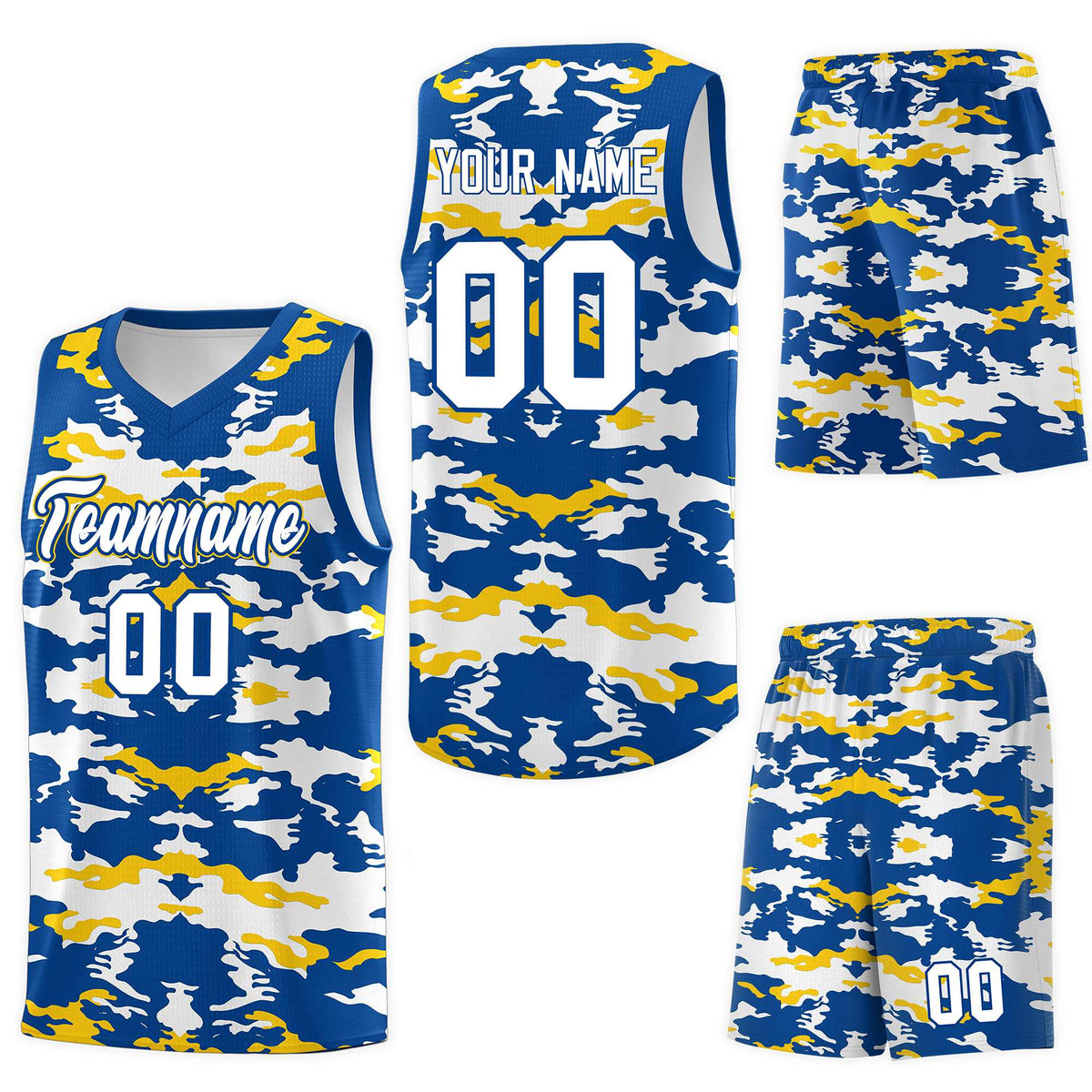 Custom Royal Gold-White Personalized Camo Sets Sports Uniform Basketball Jersey