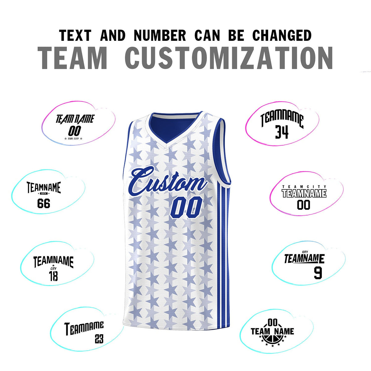 Custom White Royal Star Graffiti Pattern Sets Sports Uniform Basketball Jersey