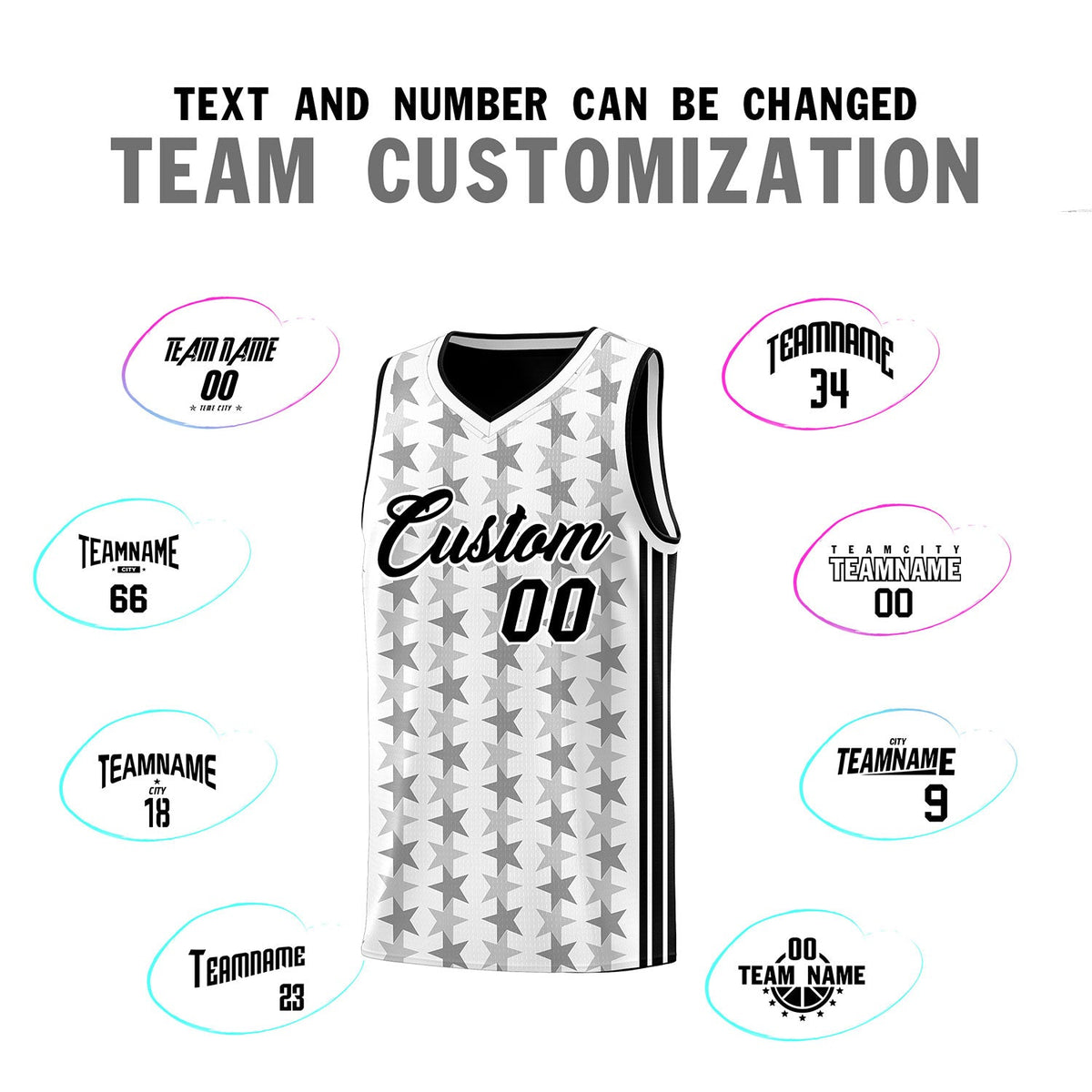 Custom White Black Star Graffiti Pattern Sets Sports Uniform Basketball Jersey