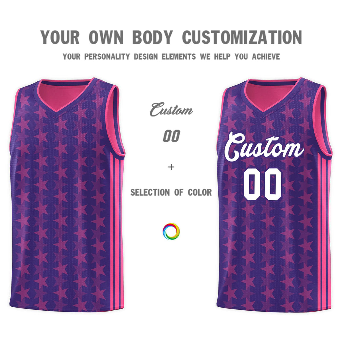 Custom Purple Pink Star Graffiti Pattern Sets Sports Uniform Basketball Jersey