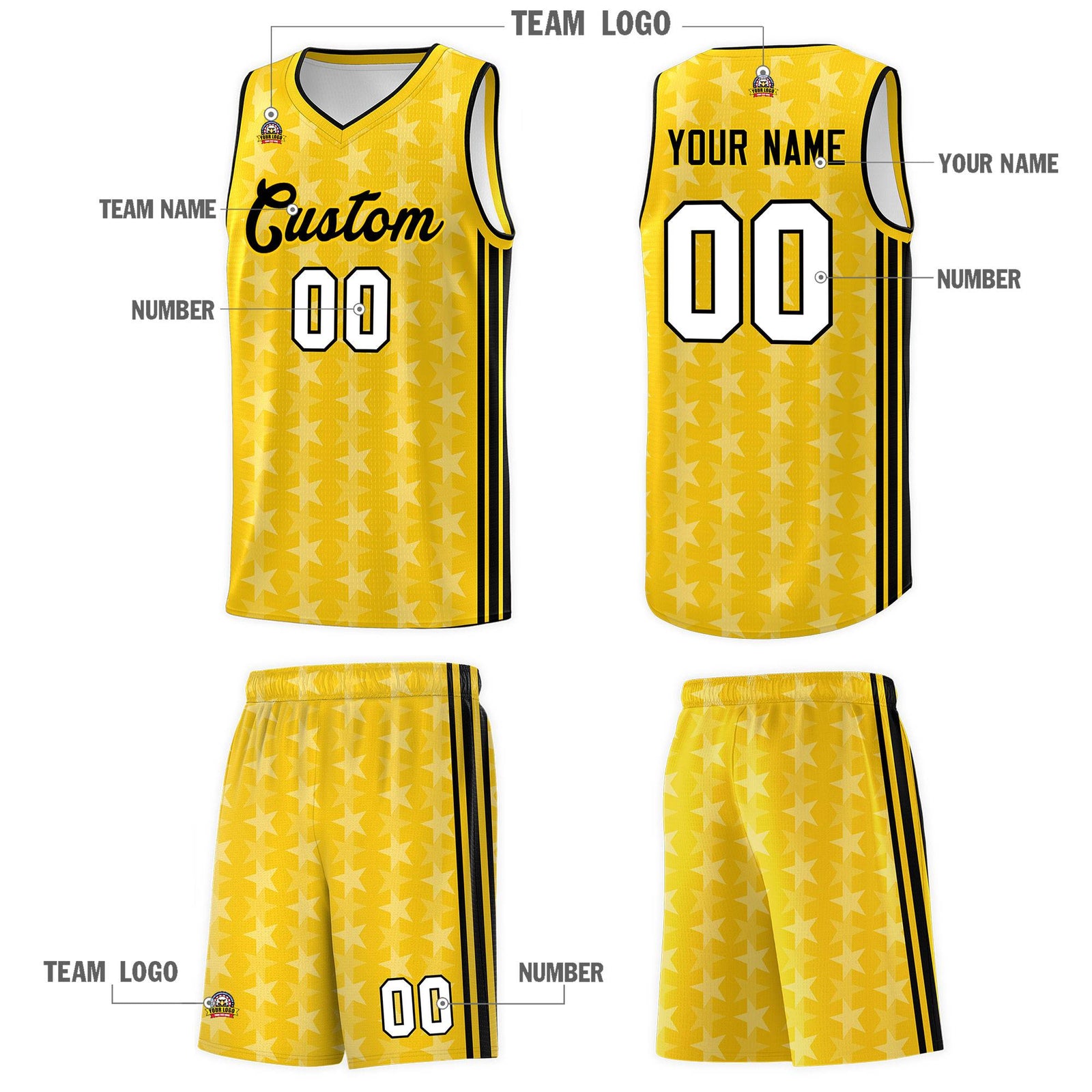 Custom Gold White Star Graffiti Pattern Sets Sports Uniform Basketball Jersey