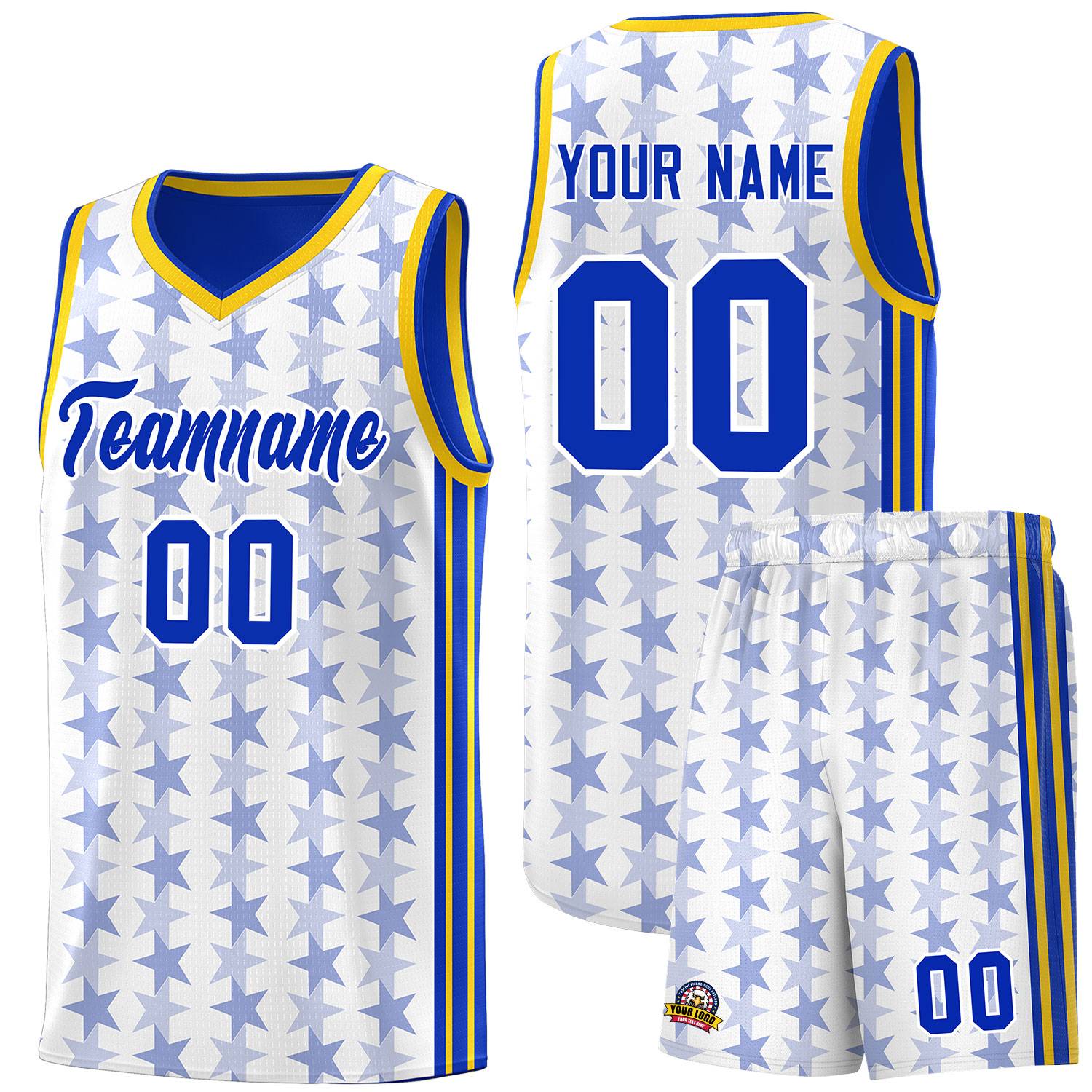 Custom White Royal Star Graffiti Pattern Sets Sports Uniform Basketball Jersey