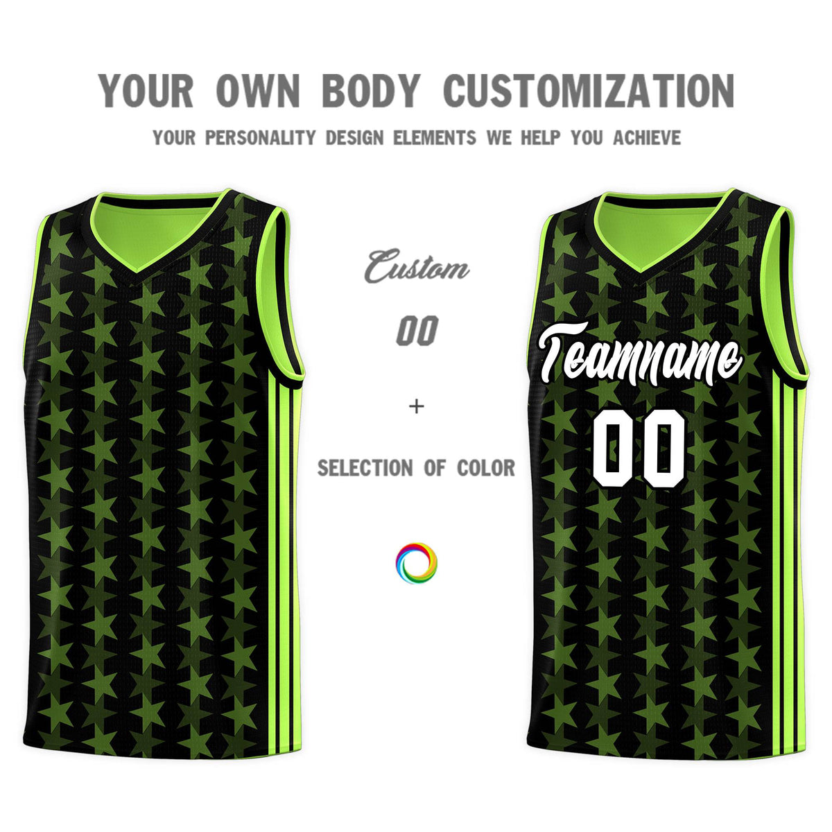 Custom Black Neon Green Star Graffiti Pattern Sets Sports Uniform Basketball Jersey