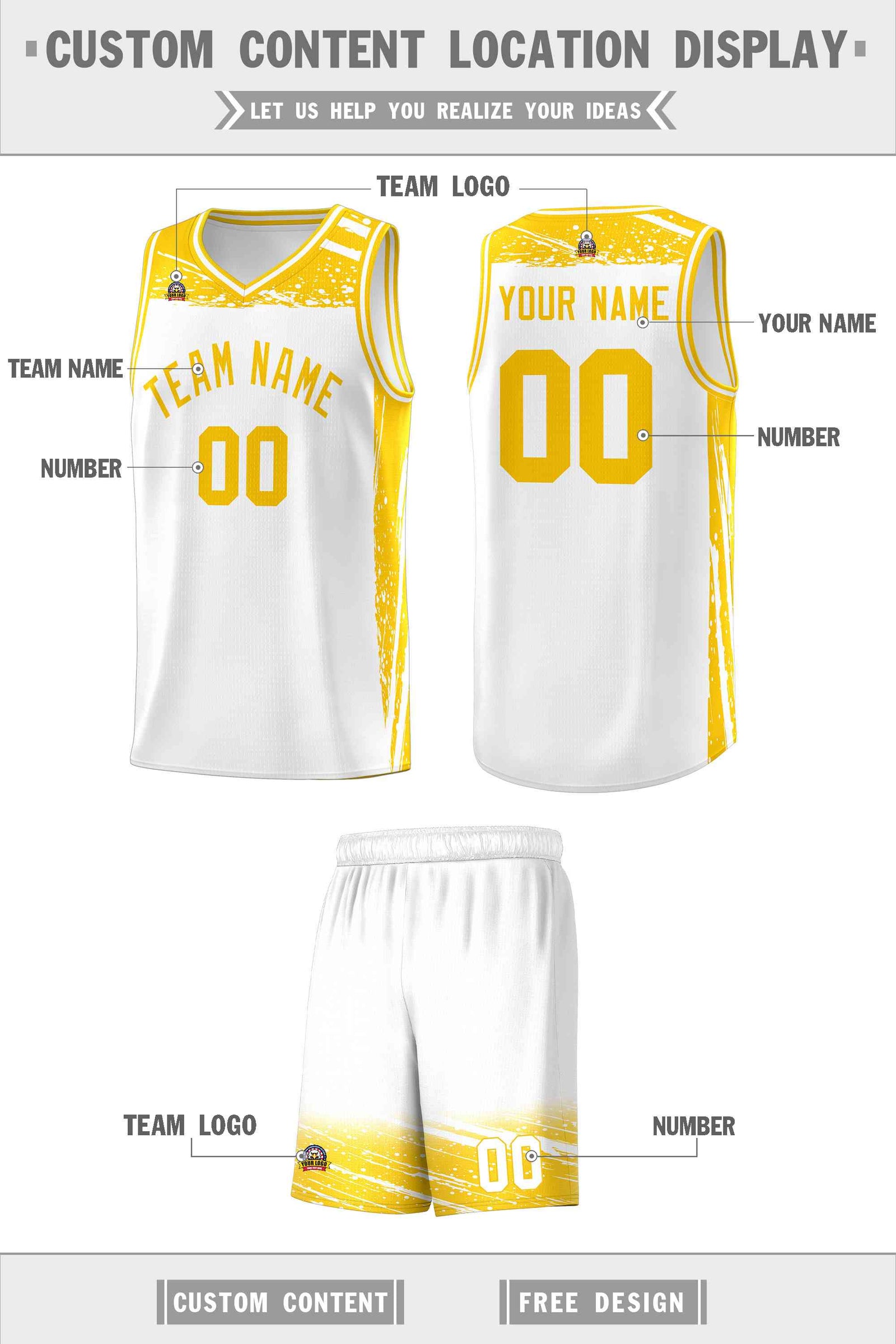 Custom White Yellow Graffiti Pattern Sports Uniform Basketball Jersey
