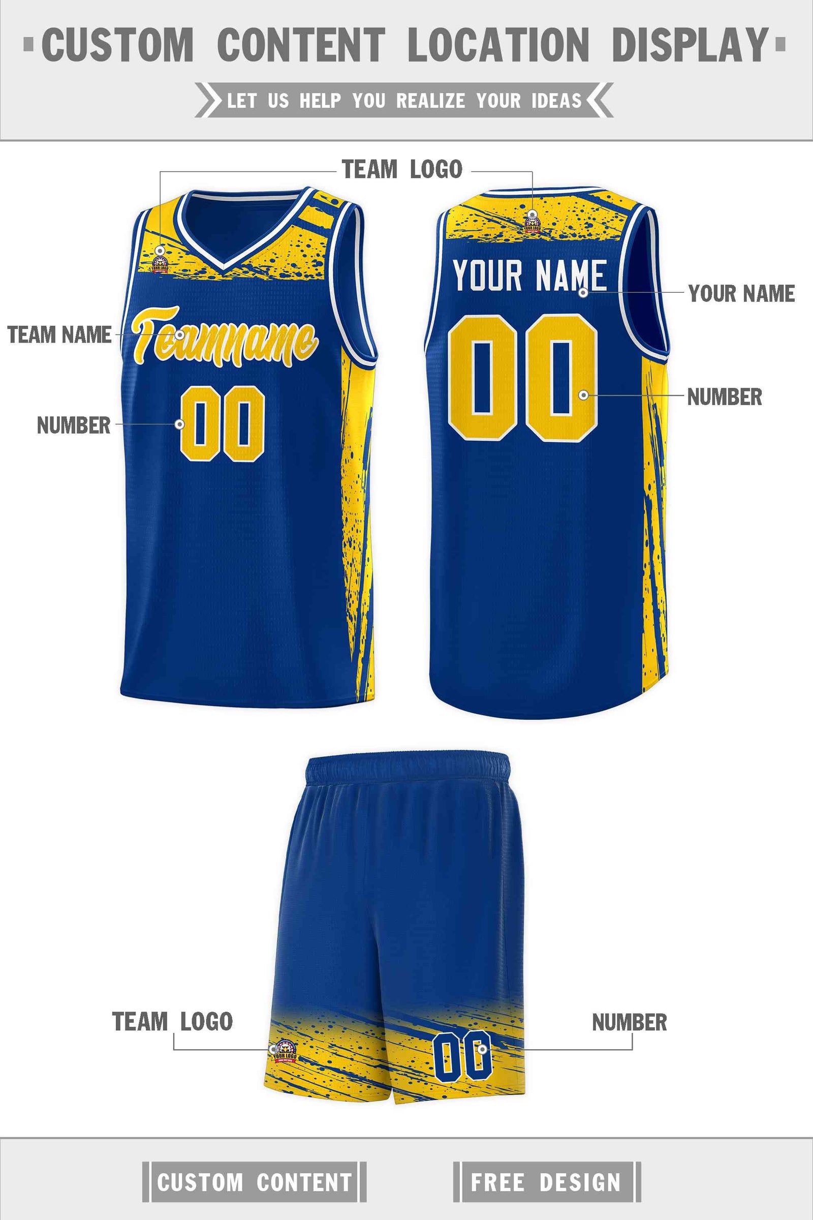 Custom Royal Yellow Graffiti Pattern Sports Uniform Basketball Jersey
