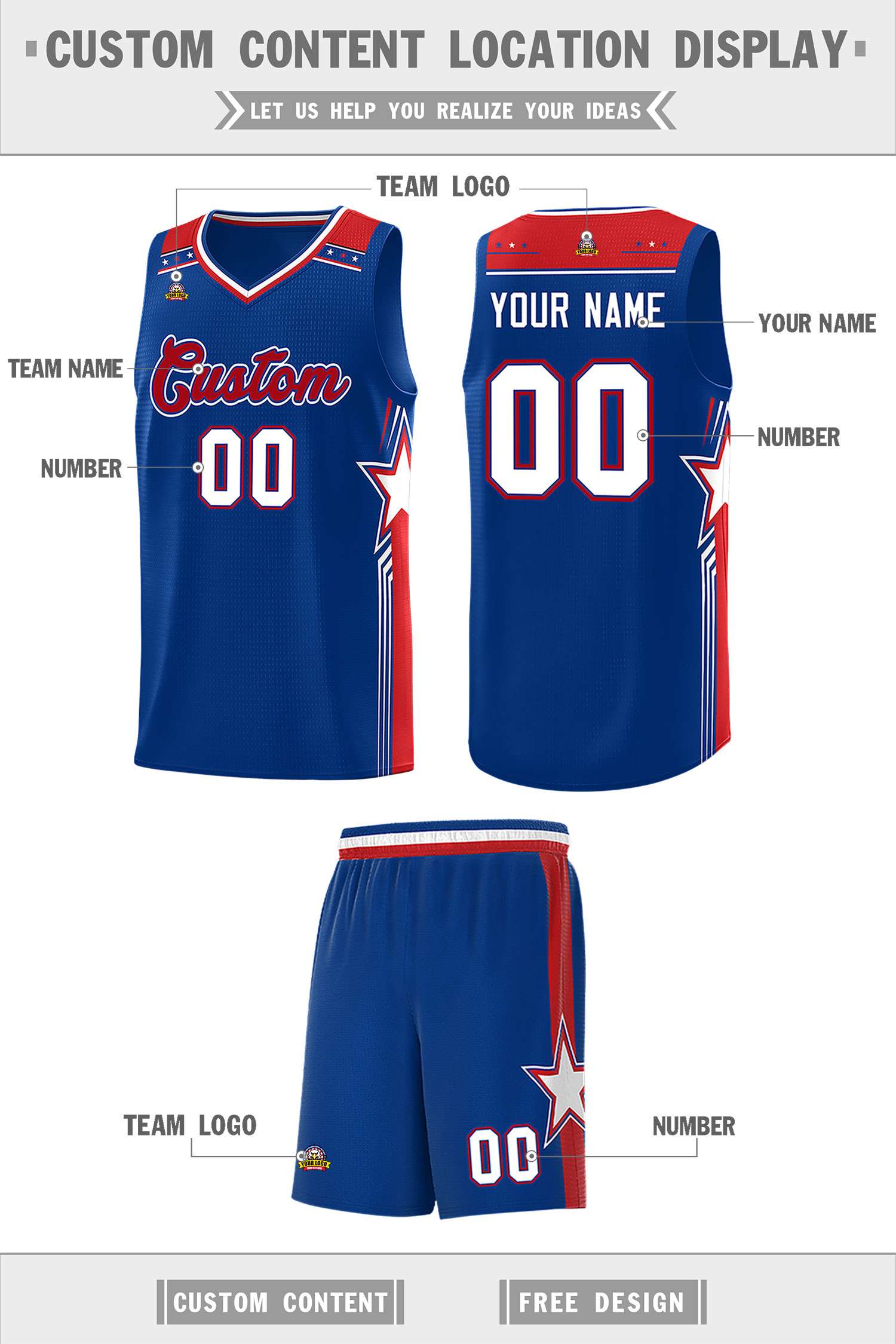 Custom Royal Red Star Graffiti Pattern Sports Uniform Basketball Jersey