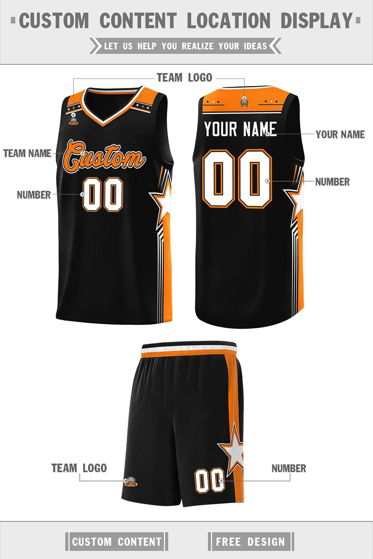 Custom Black Orange Star Graffiti Pattern Sports Uniform Basketball Jersey