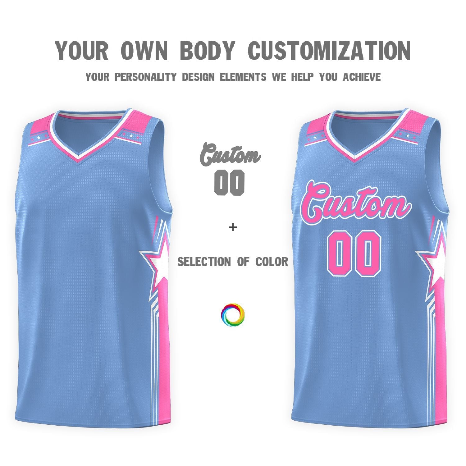 Custom Light Blue Pink Star Graffiti Pattern Sports Uniform Basketball Jersey